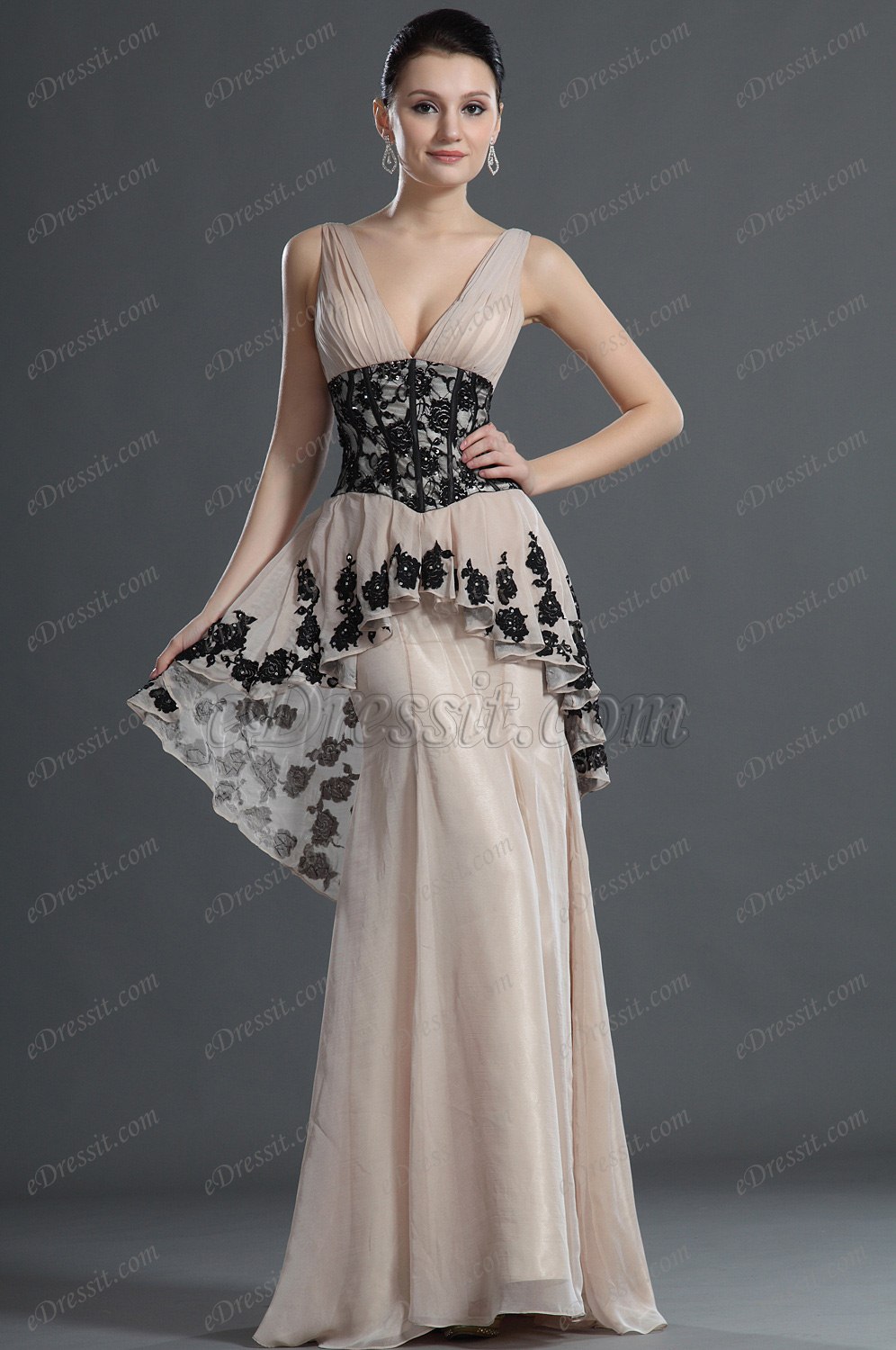 Elegant V-Ausschnitt Schwarze Spitze Abendkleid