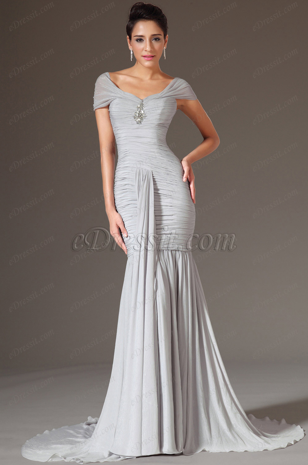 Grey Cap Sleeves Sheath Evening Gown