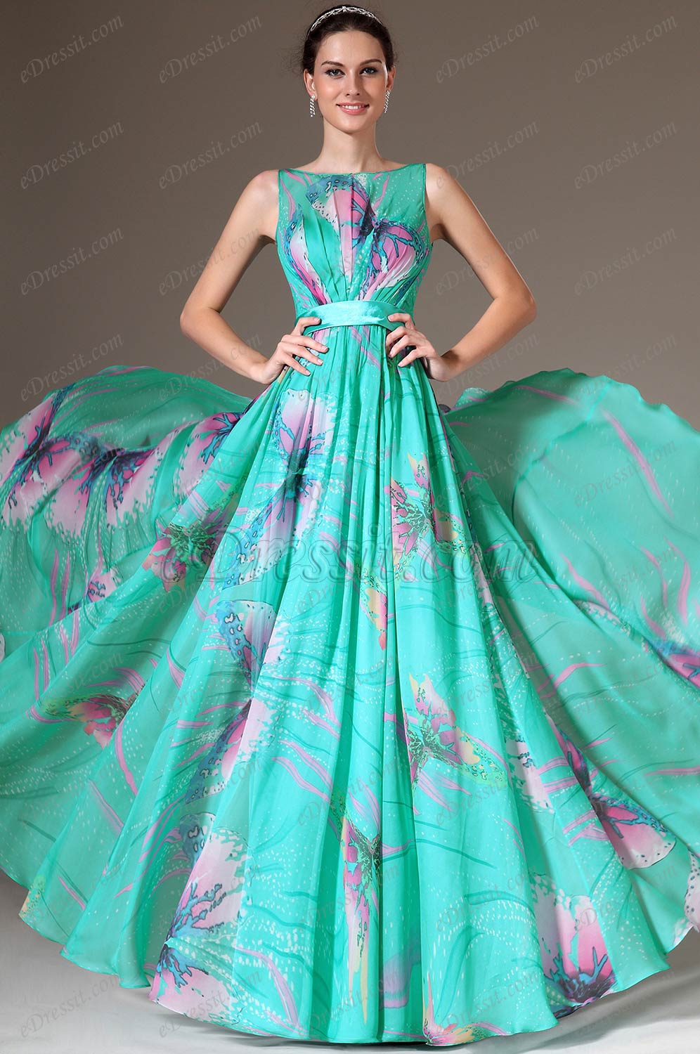 Printed Sleeveless A-Line Evening Dress