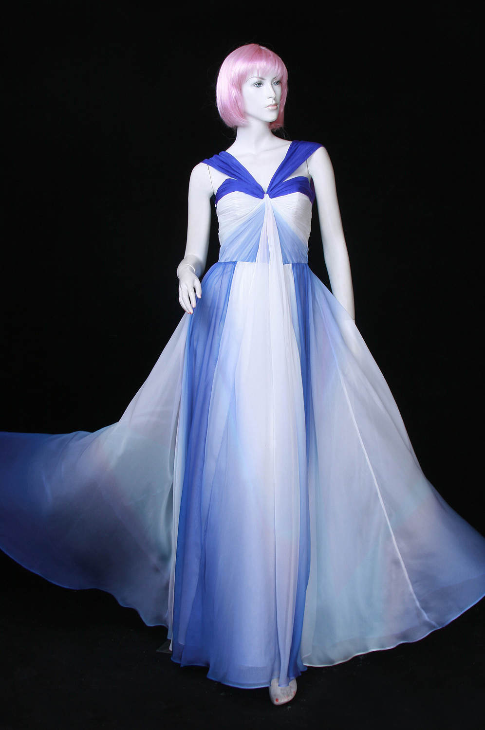 NUEVO LARGO VESTIDO DE NOCHE/ AZUL Y BLANCO