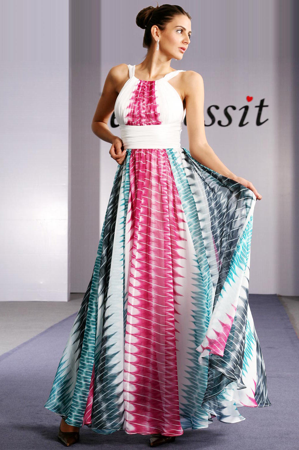 gebluemiges Seide Chiffon Abendkleid