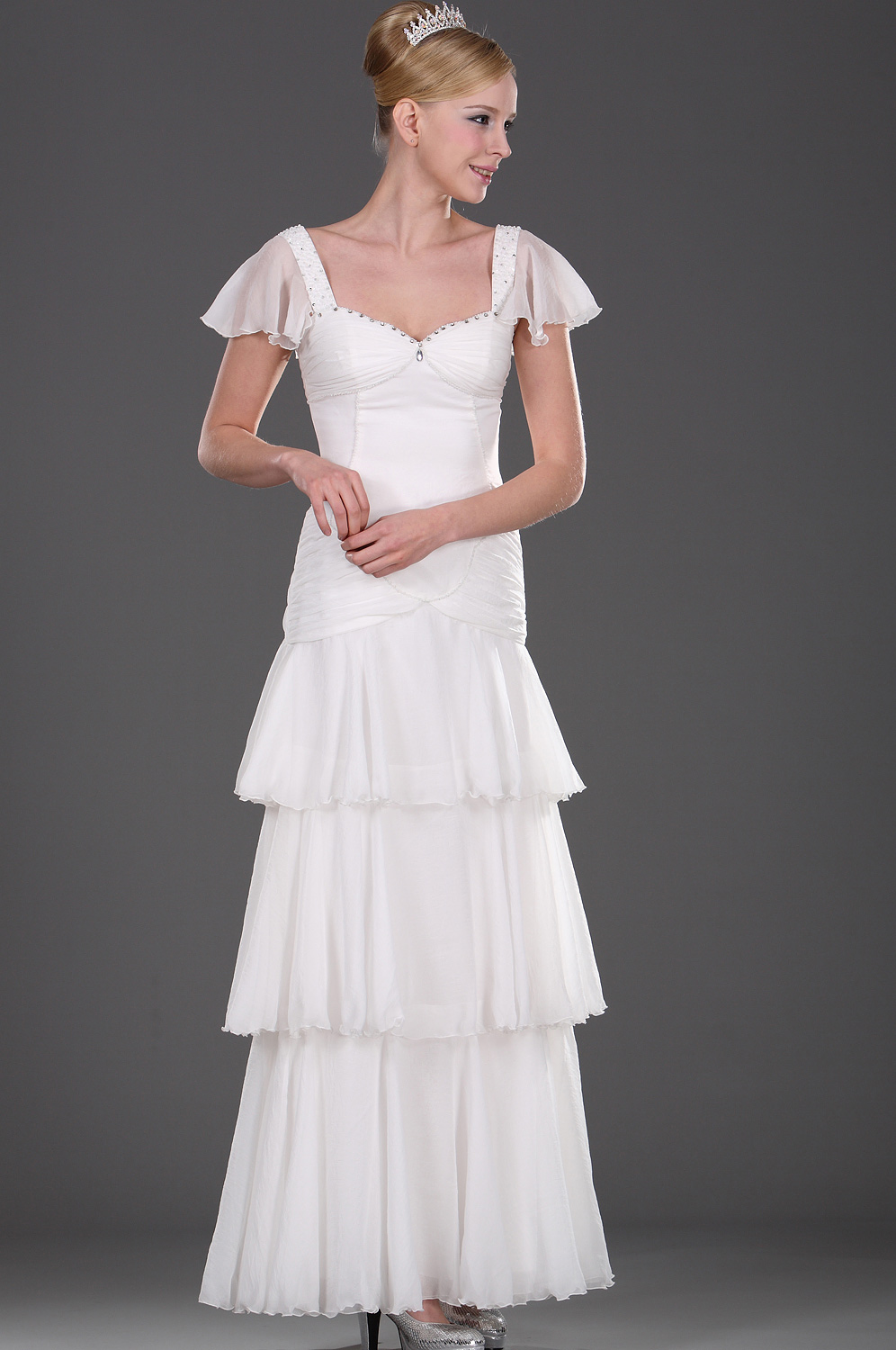 V-Schnitt Weiß Perlen Elegant Abendkleid