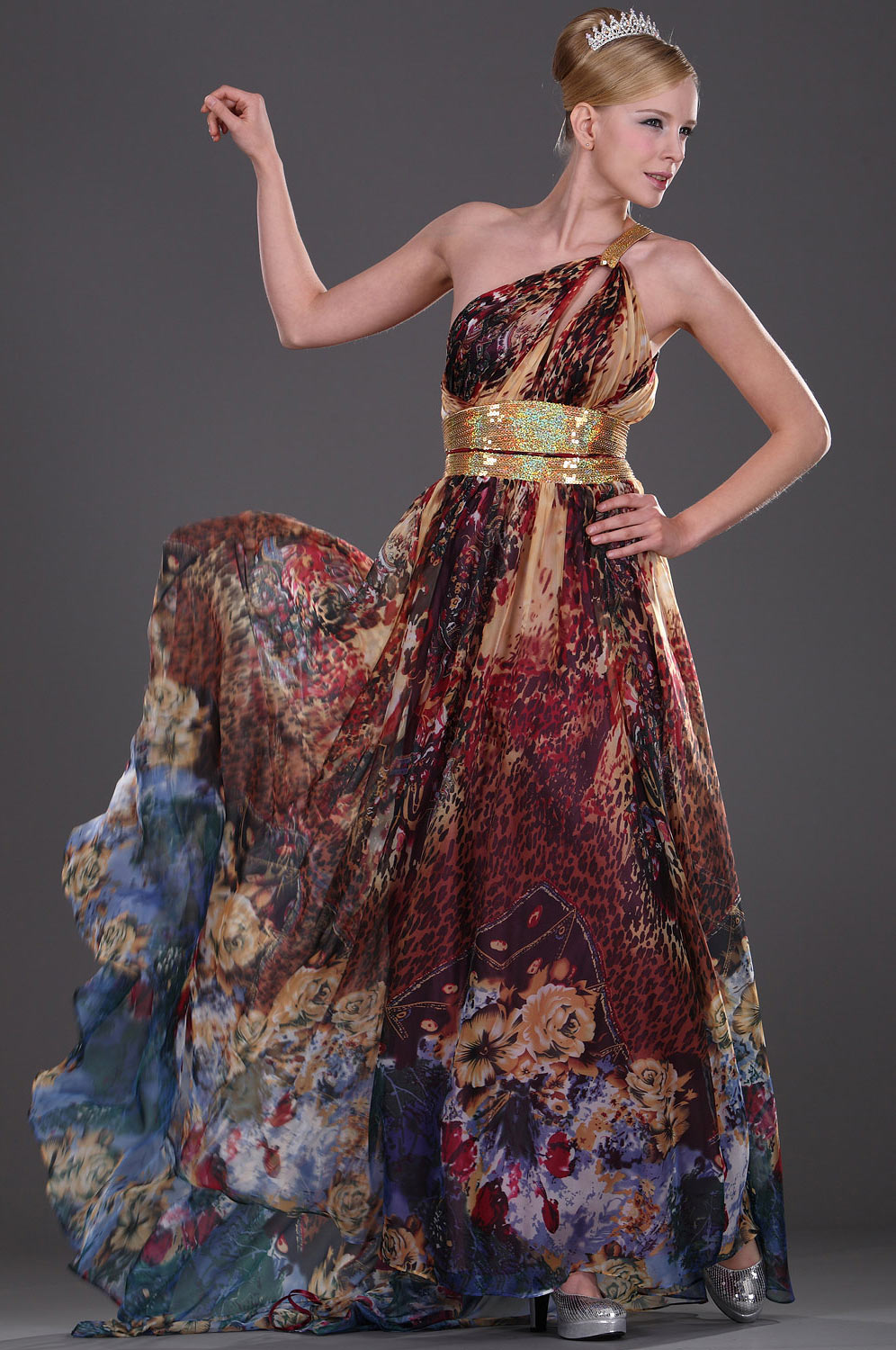 Ein-Schulter floral Seide Chiffon Pailleten Abendkleid