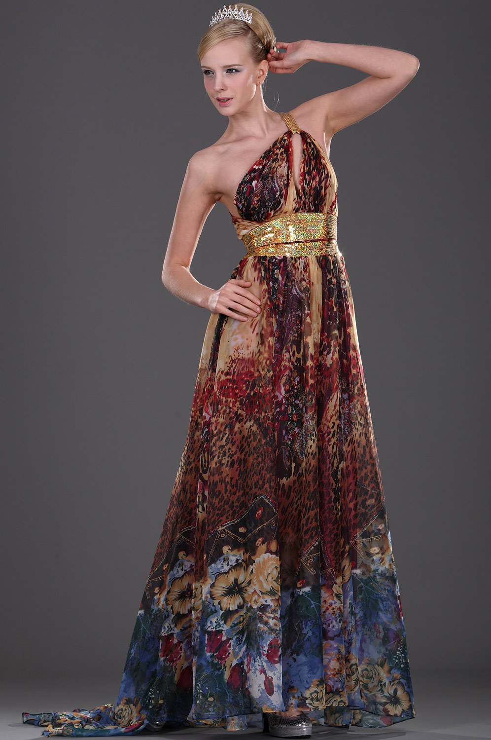 Ein-Schulter floral Seide Chiffon Pailleten Abendkleid