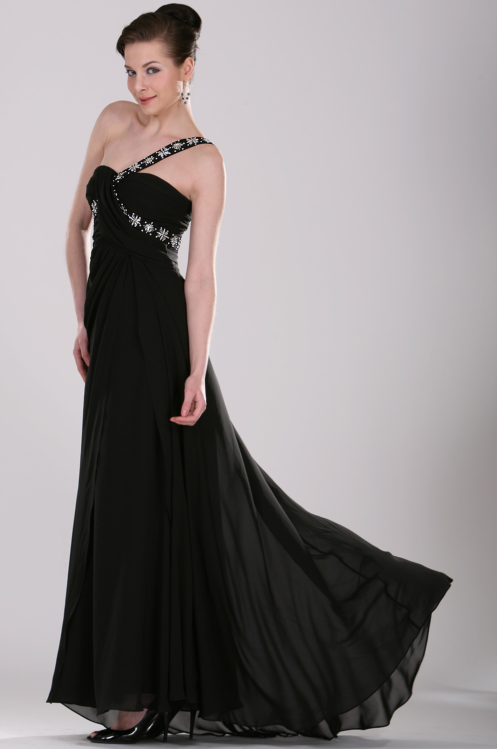 Ein-Schulter schwarz Perlen Abendkleid