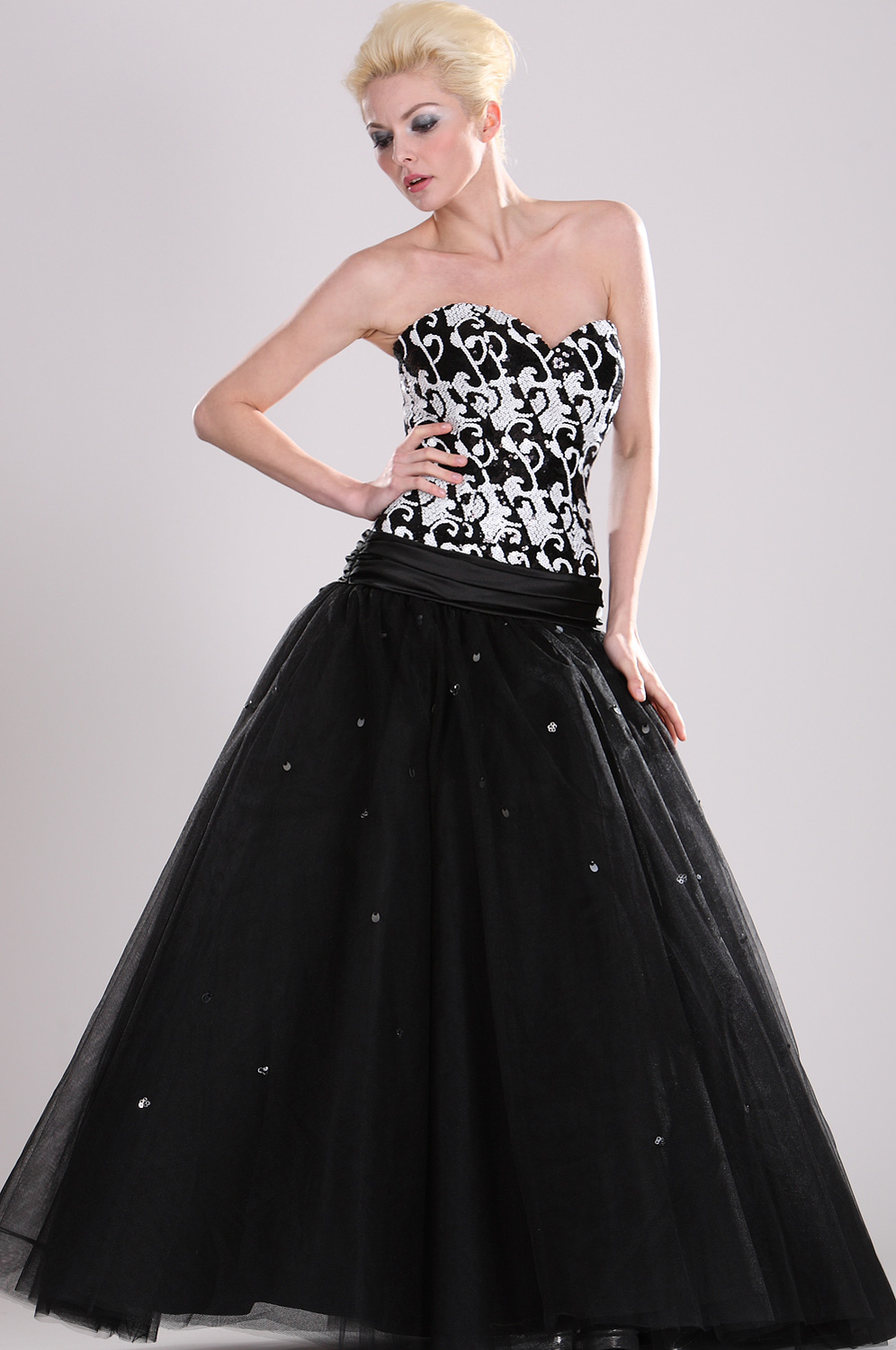 Trägerlos  Elegant Schwarz leuchtend Perlen Ballkleid