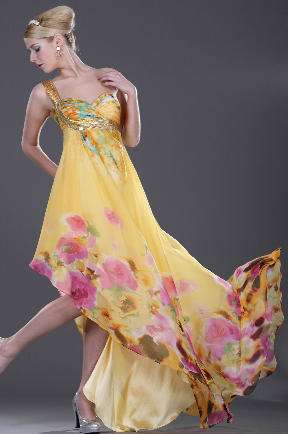 Asymmetrical Floral Evening Dress