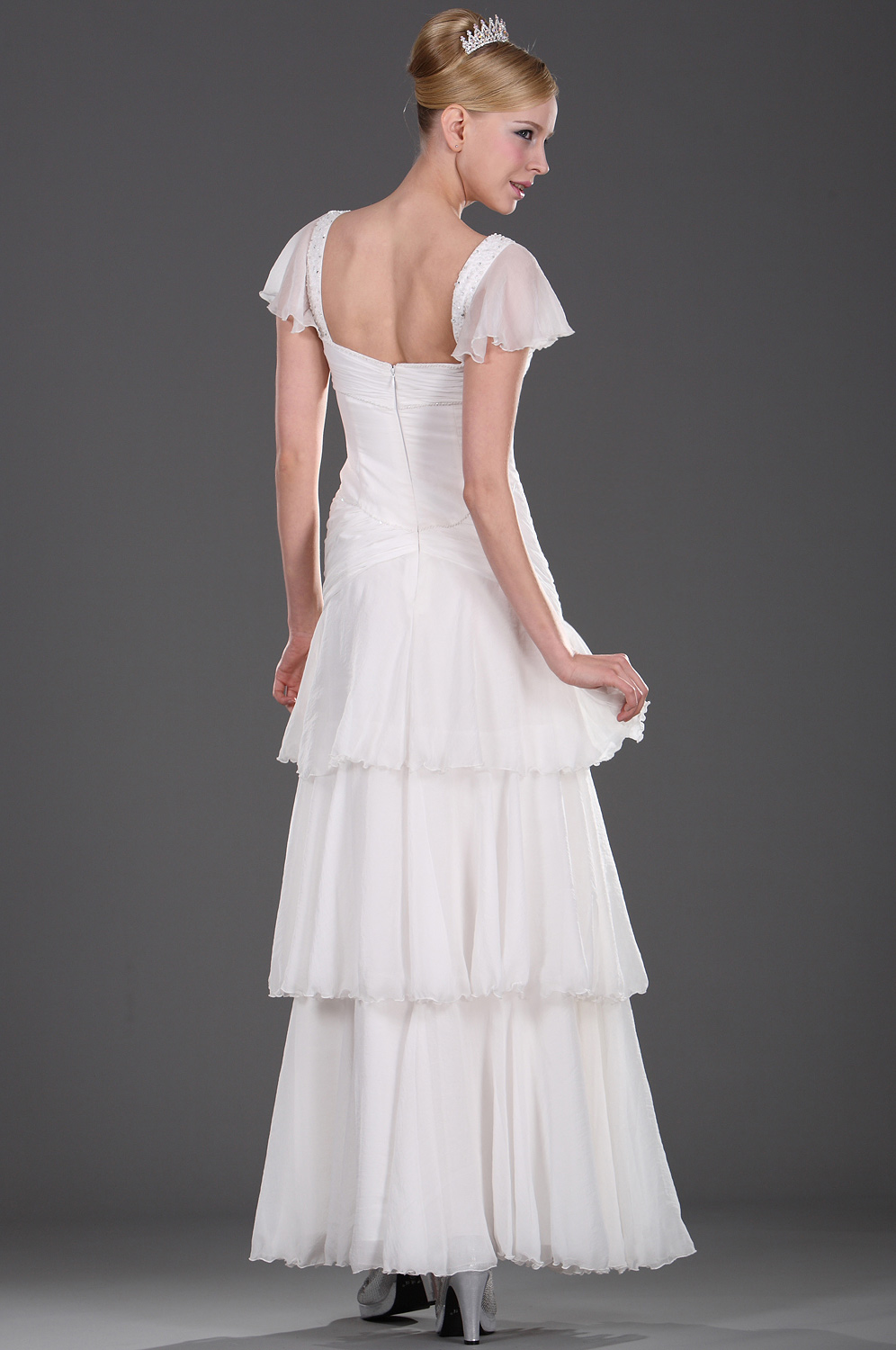 V-Schnitt Weiß Perlen Elegant Abendkleid