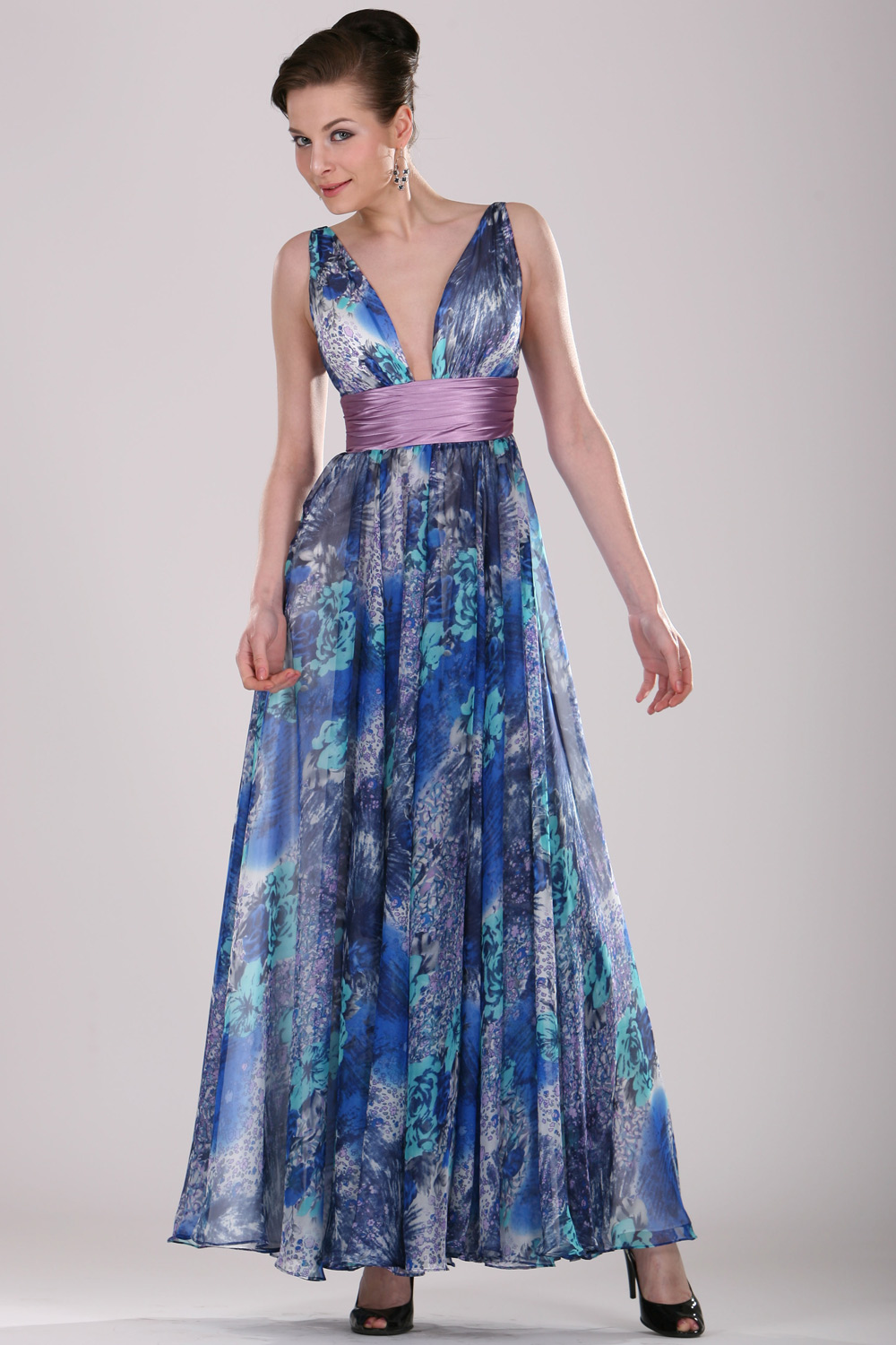 V-Schnitt floral Seide Chiffon Abendkleid lang