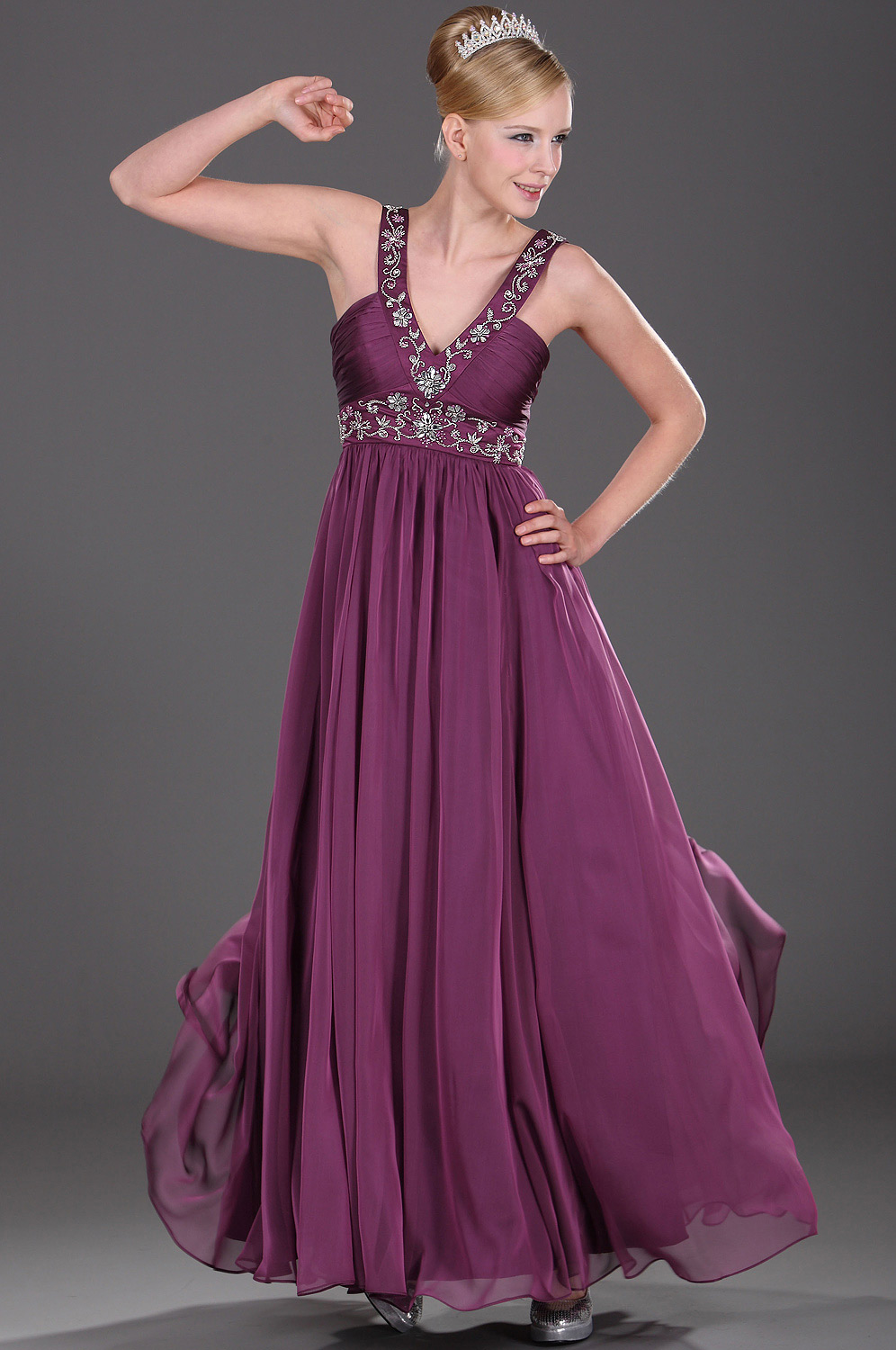 Träger  V-Schnitt Perlen lila  Abendkleid