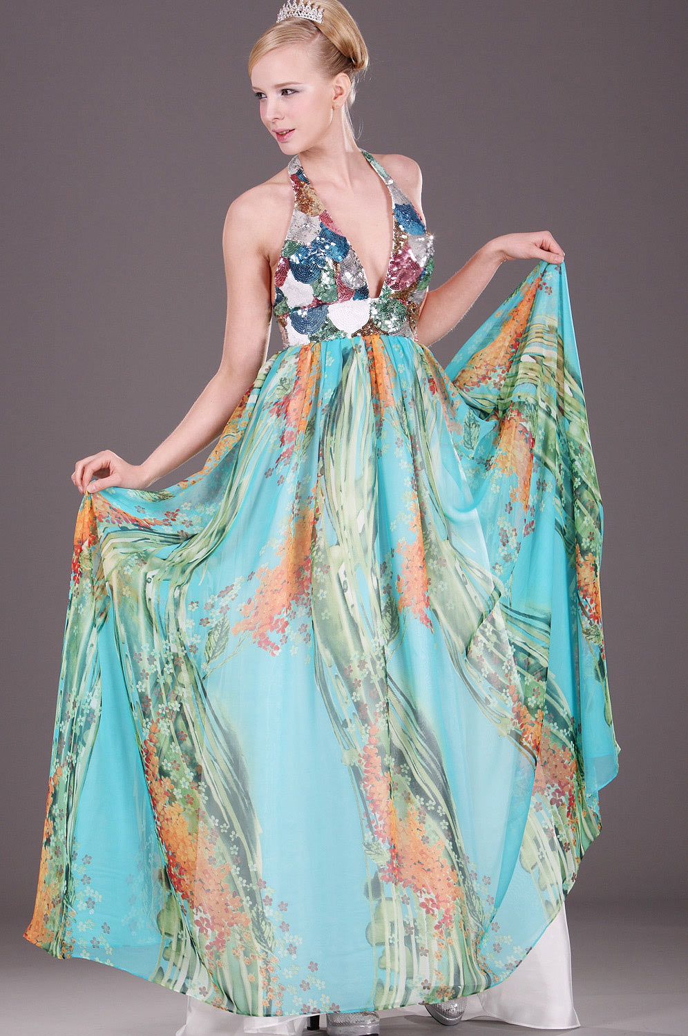 Halter Floral Evening Dress