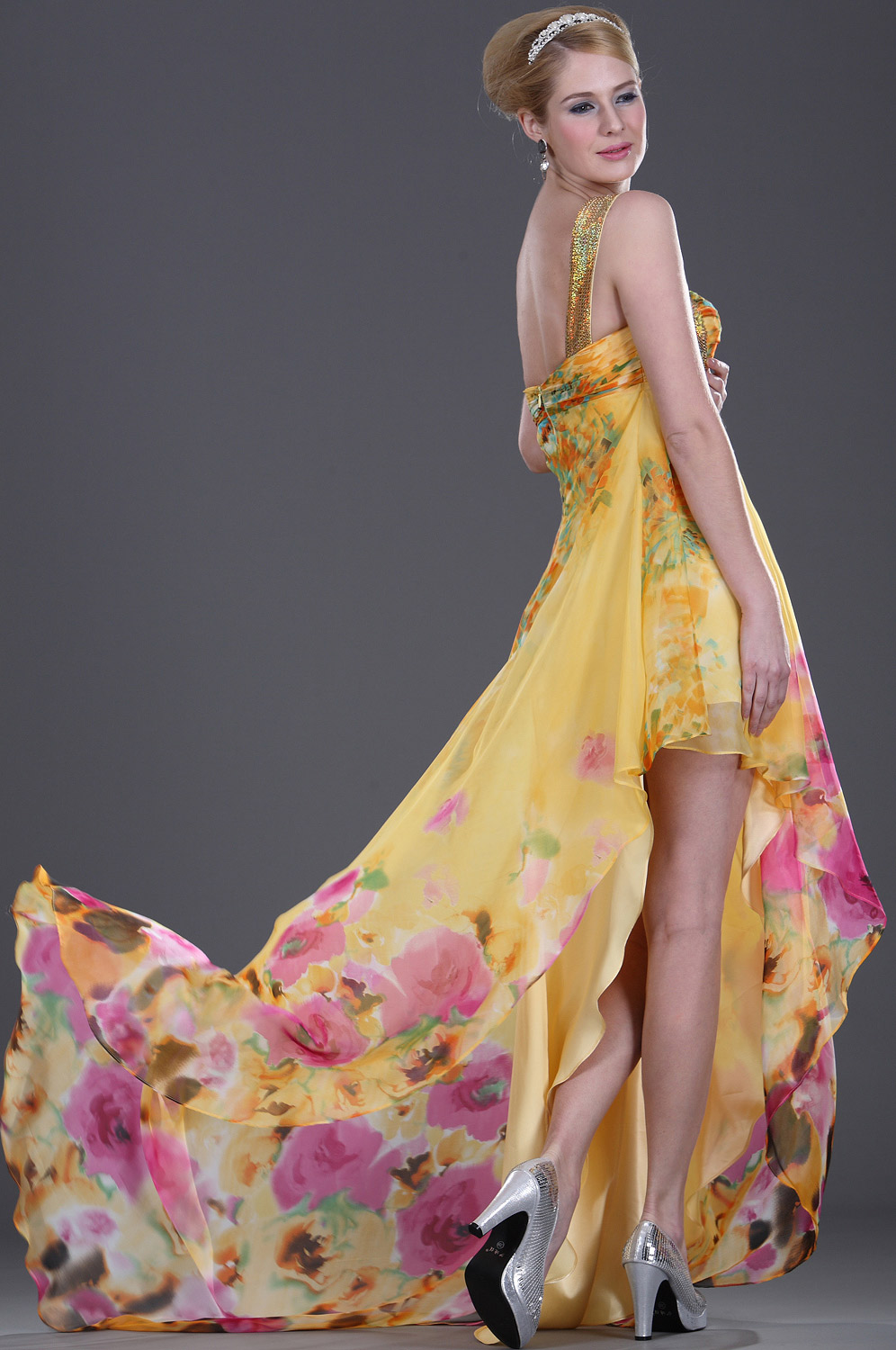 Asymmetrical Floral Evening Dress