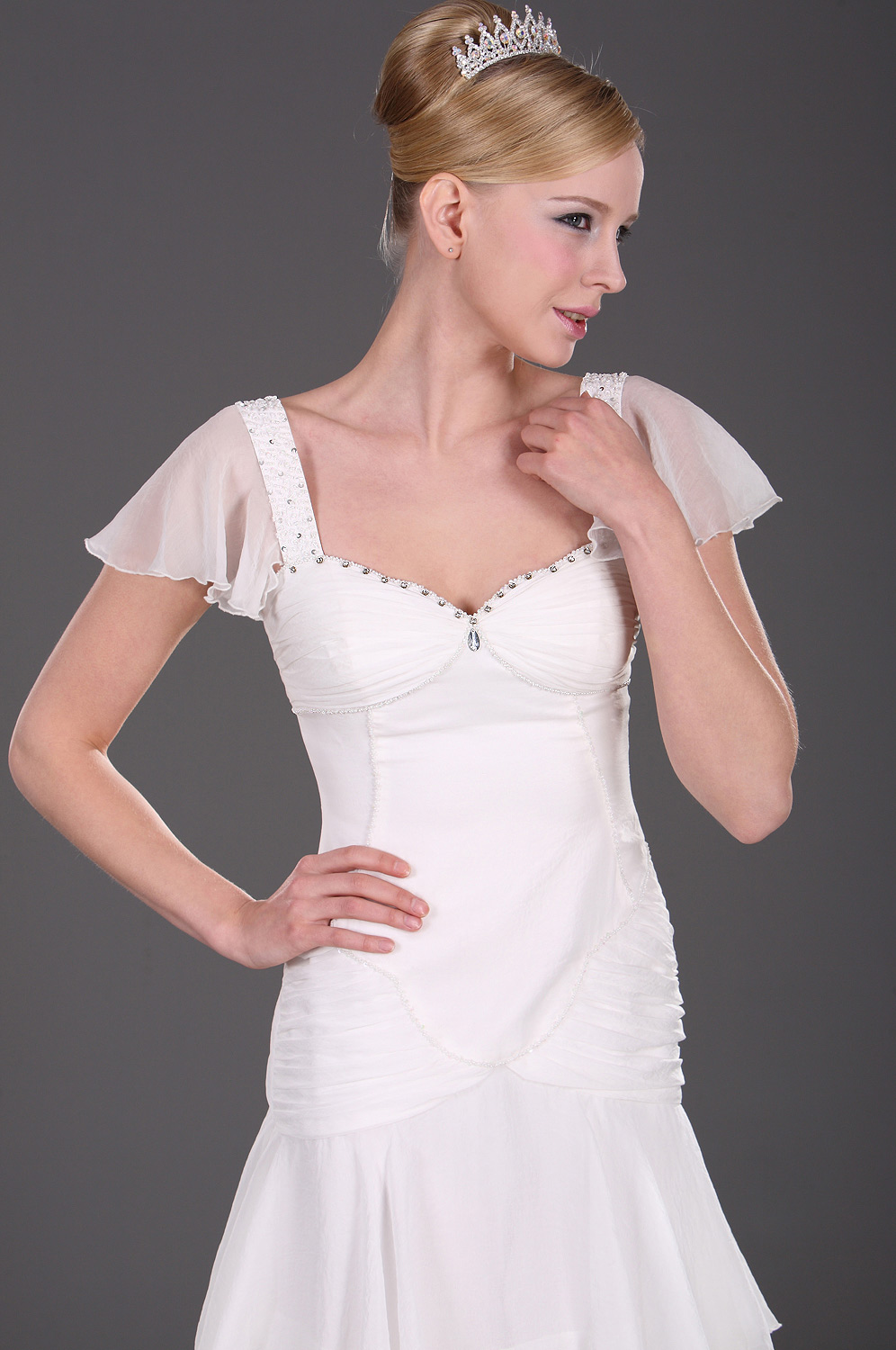 V-Schnitt Weiß Perlen Elegant Abendkleid