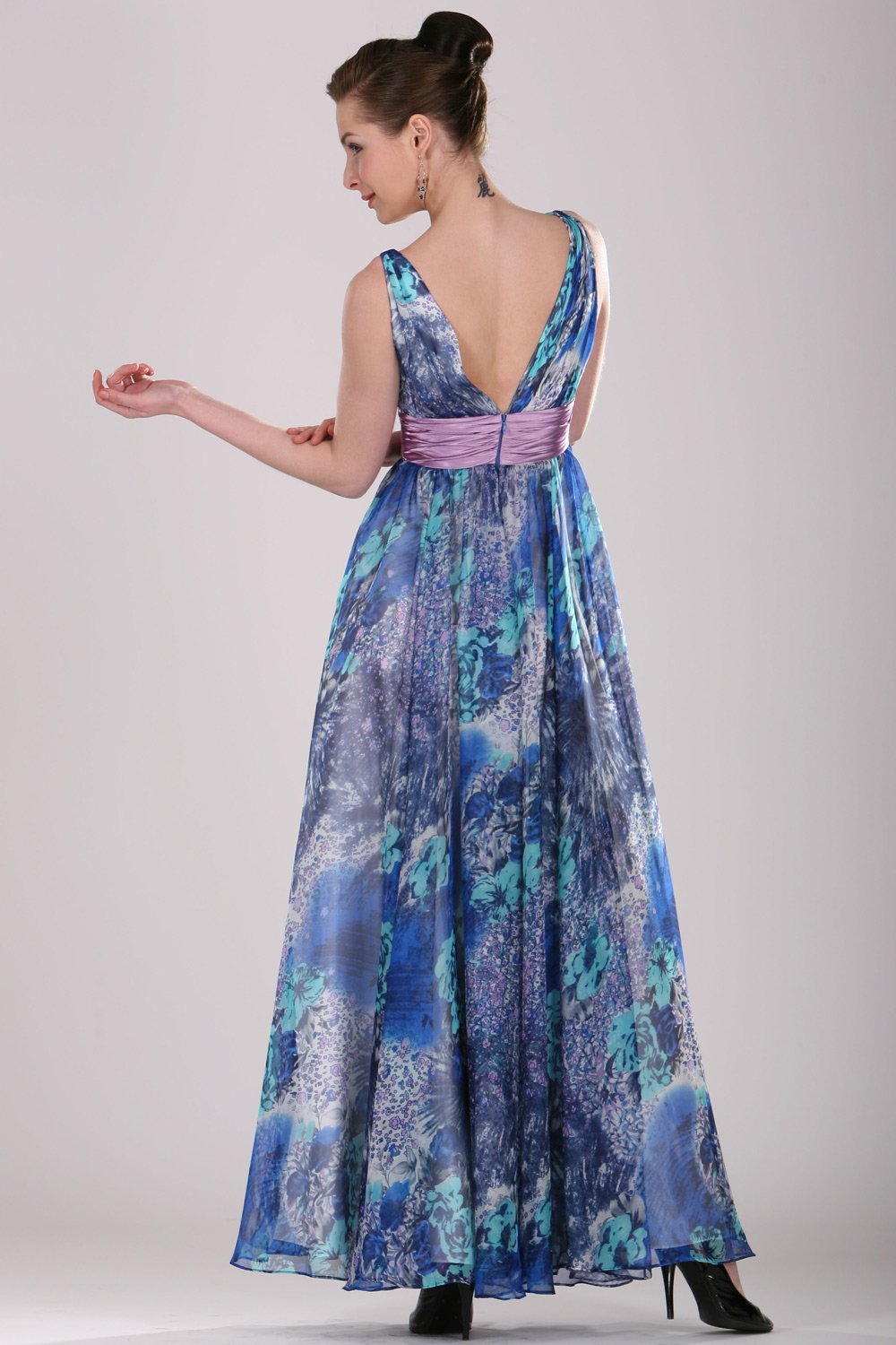 V-Schnitt floral Seide Chiffon Abendkleid lang