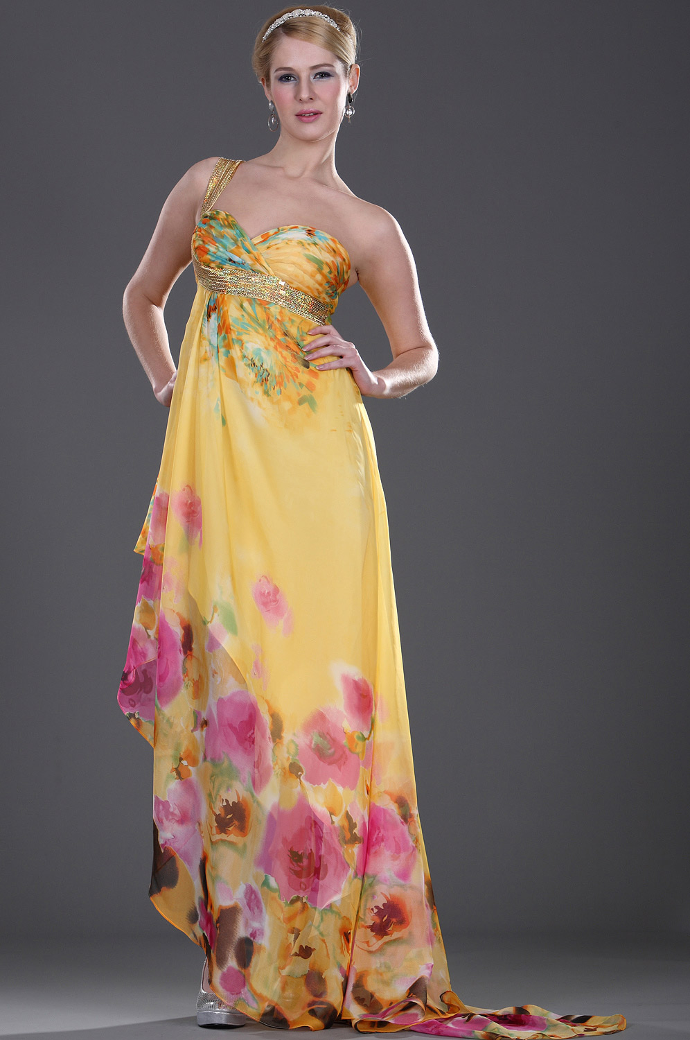 Asymmetrical Floral Evening Dress