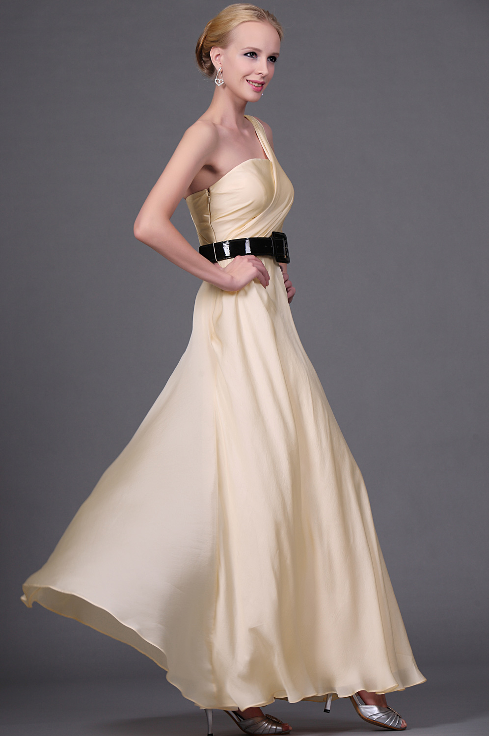 New Elegant One Shoulder Evening Dress with Black Belt