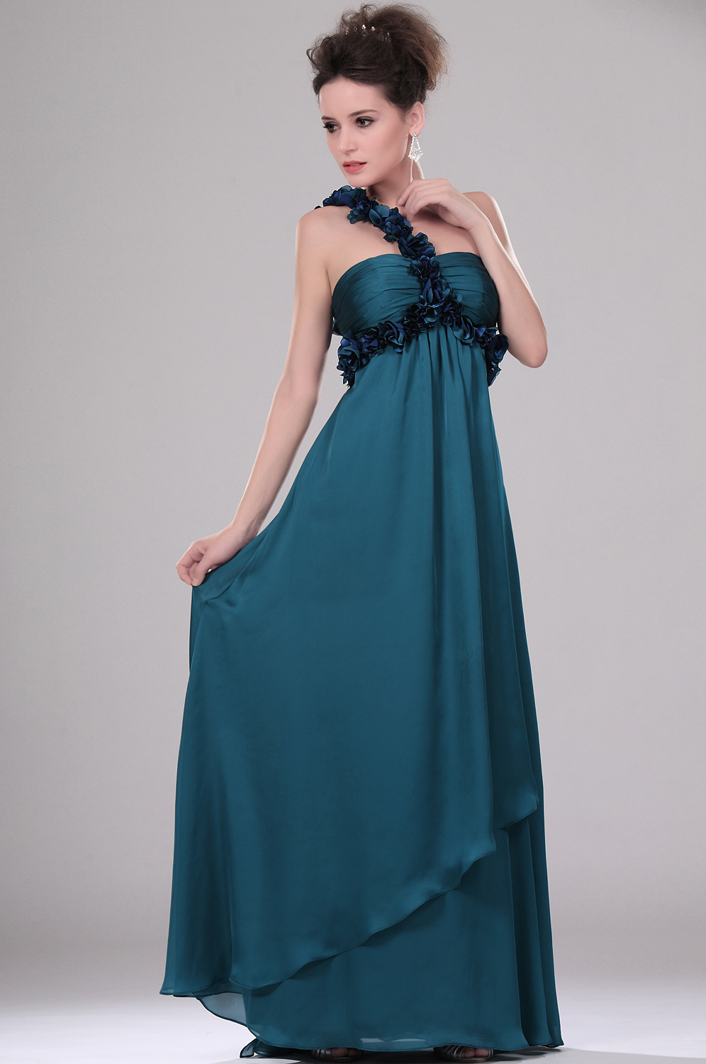 Amazing One Shoulder Evening Dress with Flowers