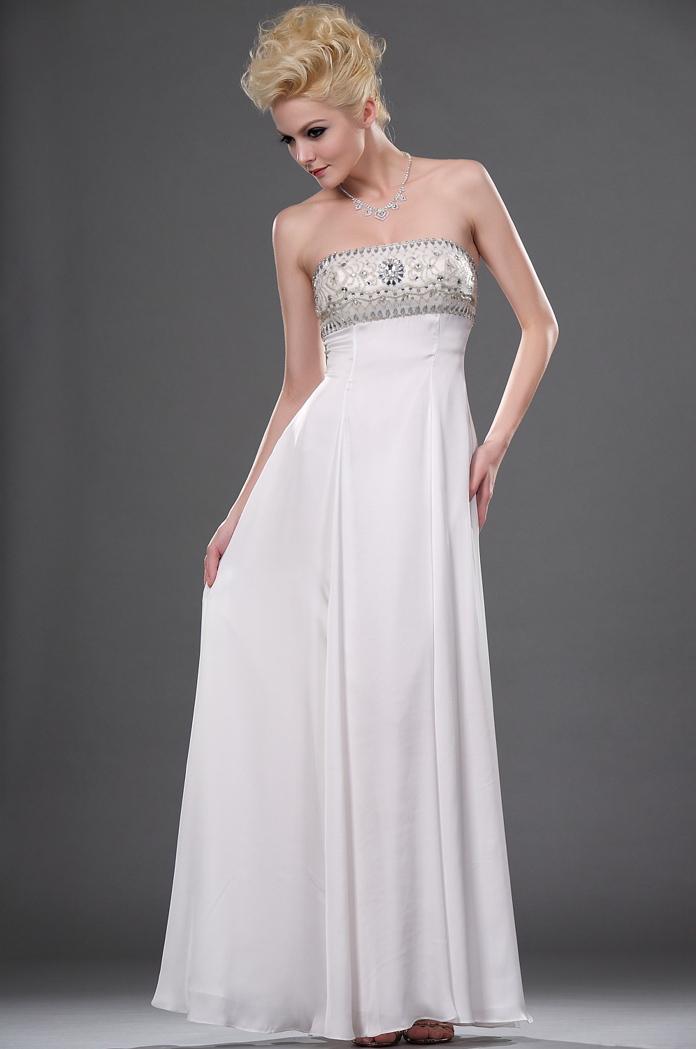 New White Strapless Beaded Eveing Dress