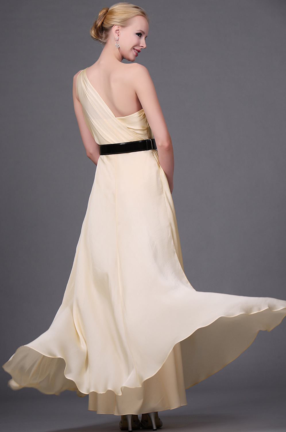 New Elegant One Shoulder Evening Dress with Black Belt