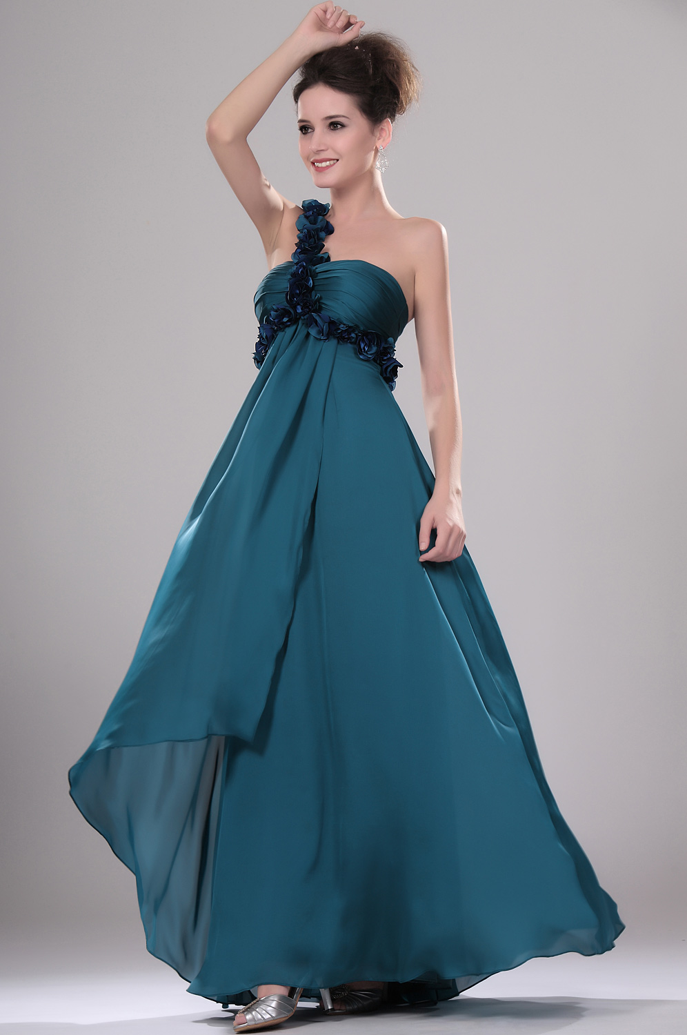 Amazing One Shoulder Evening Dress with Flowers