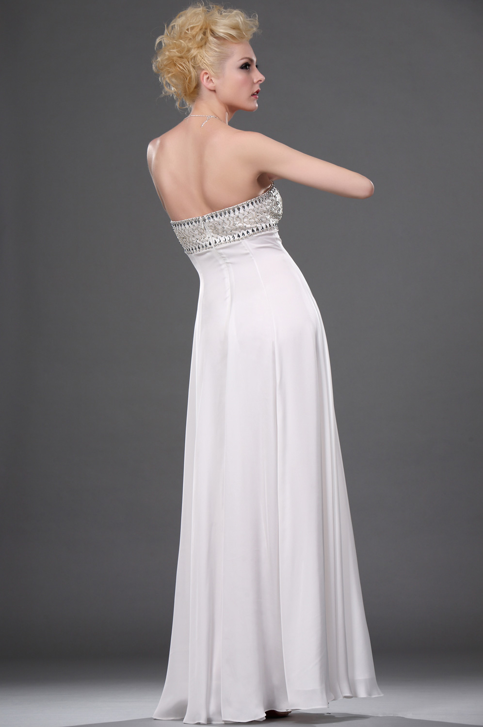 New White Strapless Beaded Eveing Dress