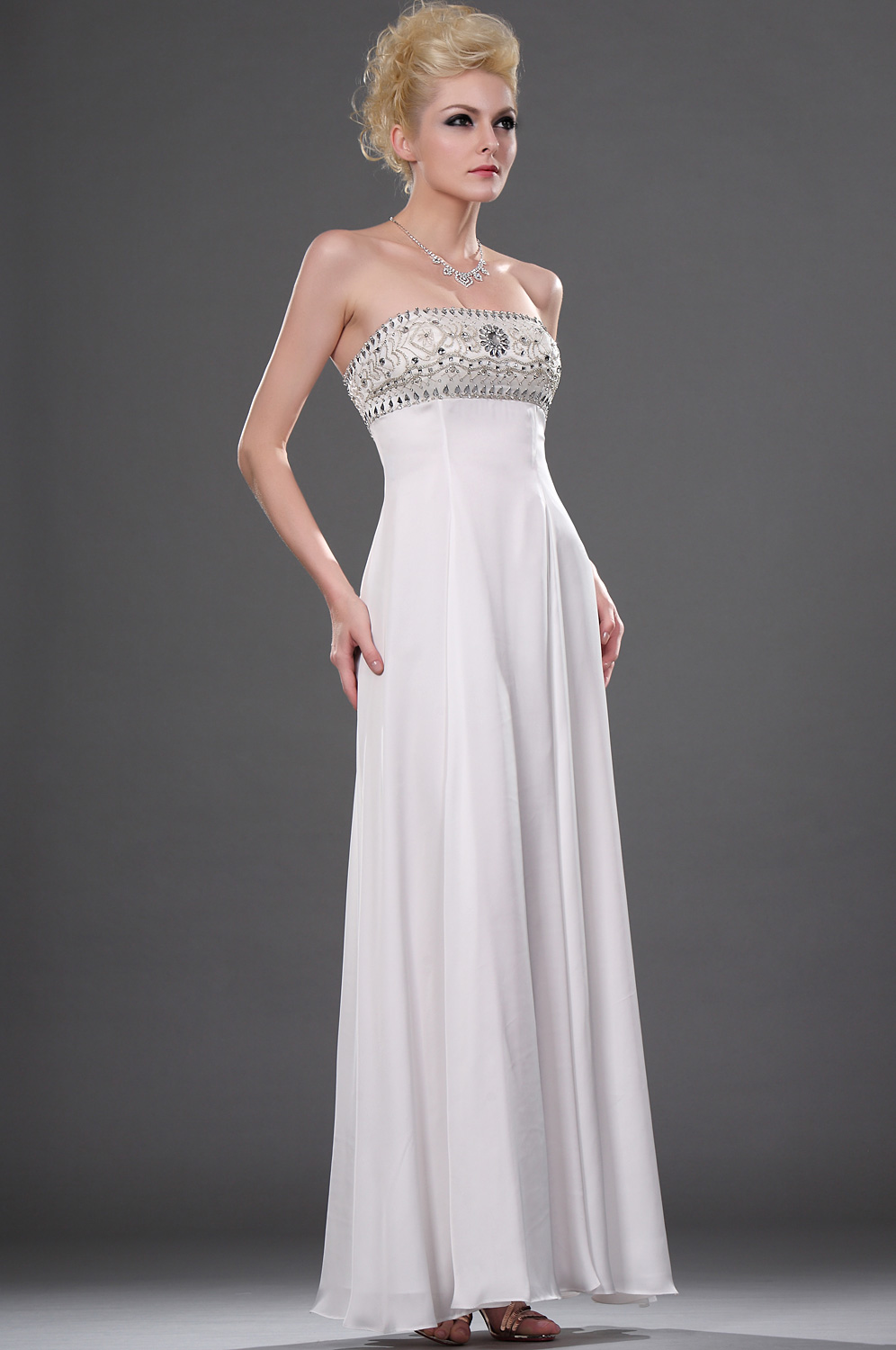 New White Strapless Beaded Eveing Dress