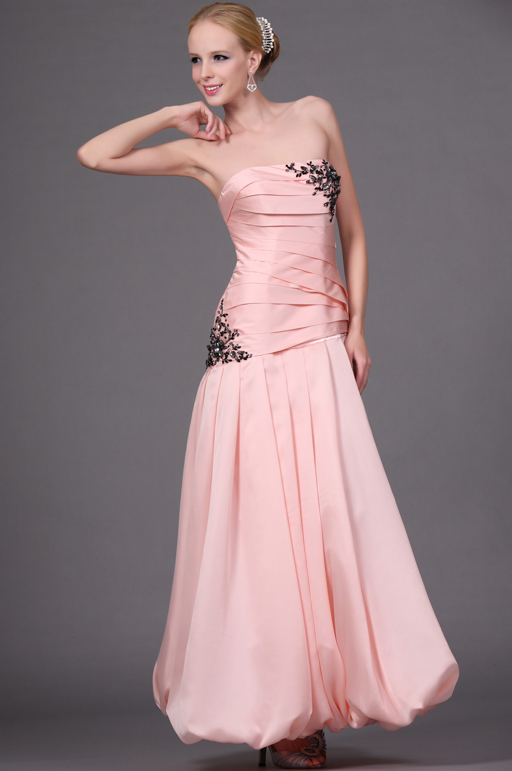 New Pink Strapless Ruched Evening Dress