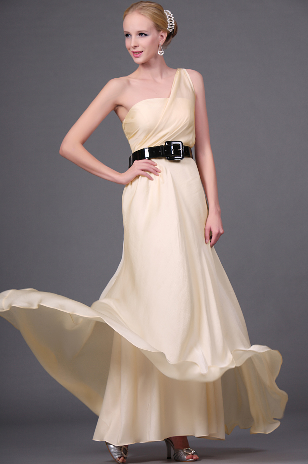 New Elegant One Shoulder Evening Dress with Black Belt