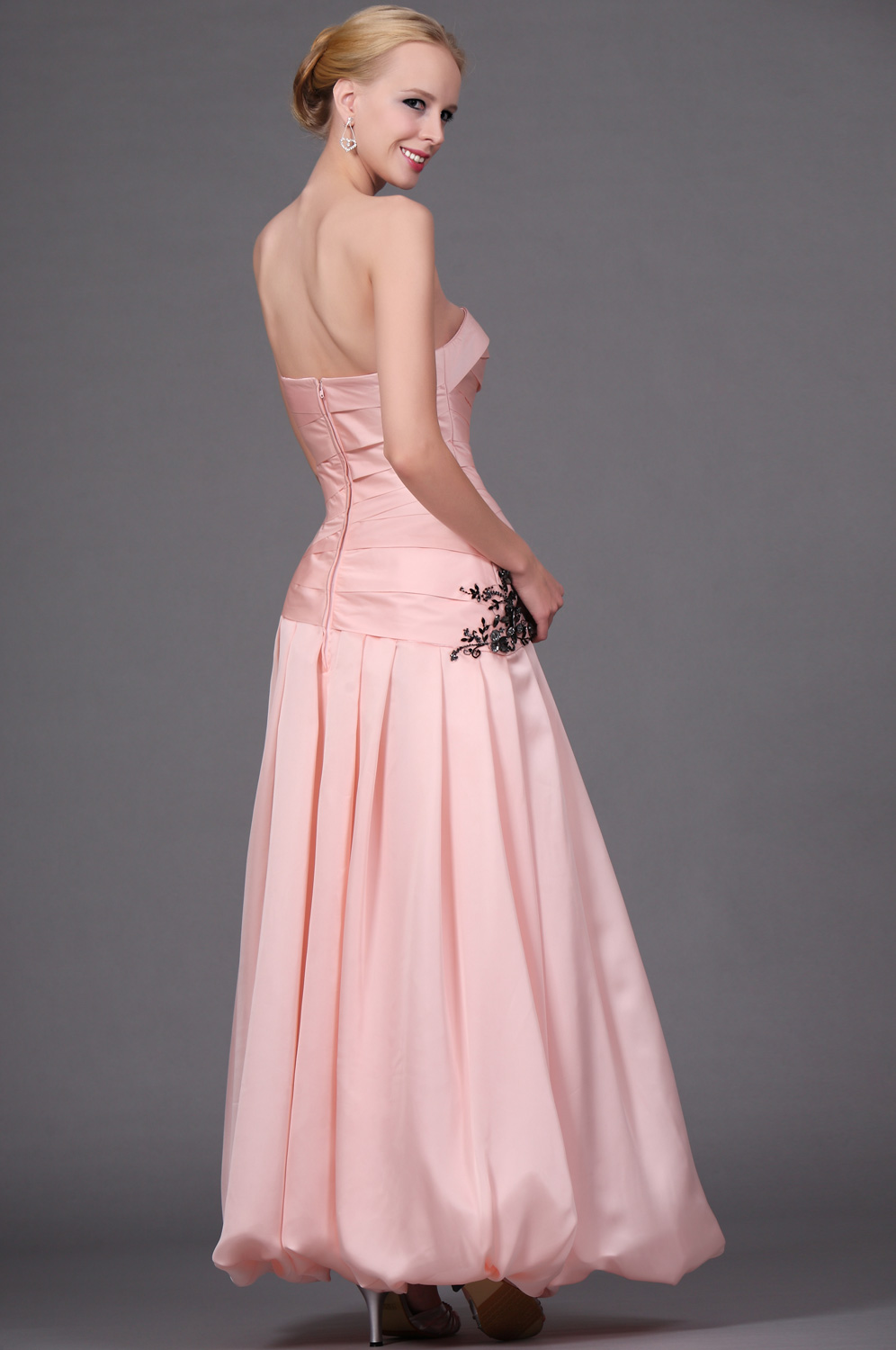 New Pink Strapless Ruched Evening Dress