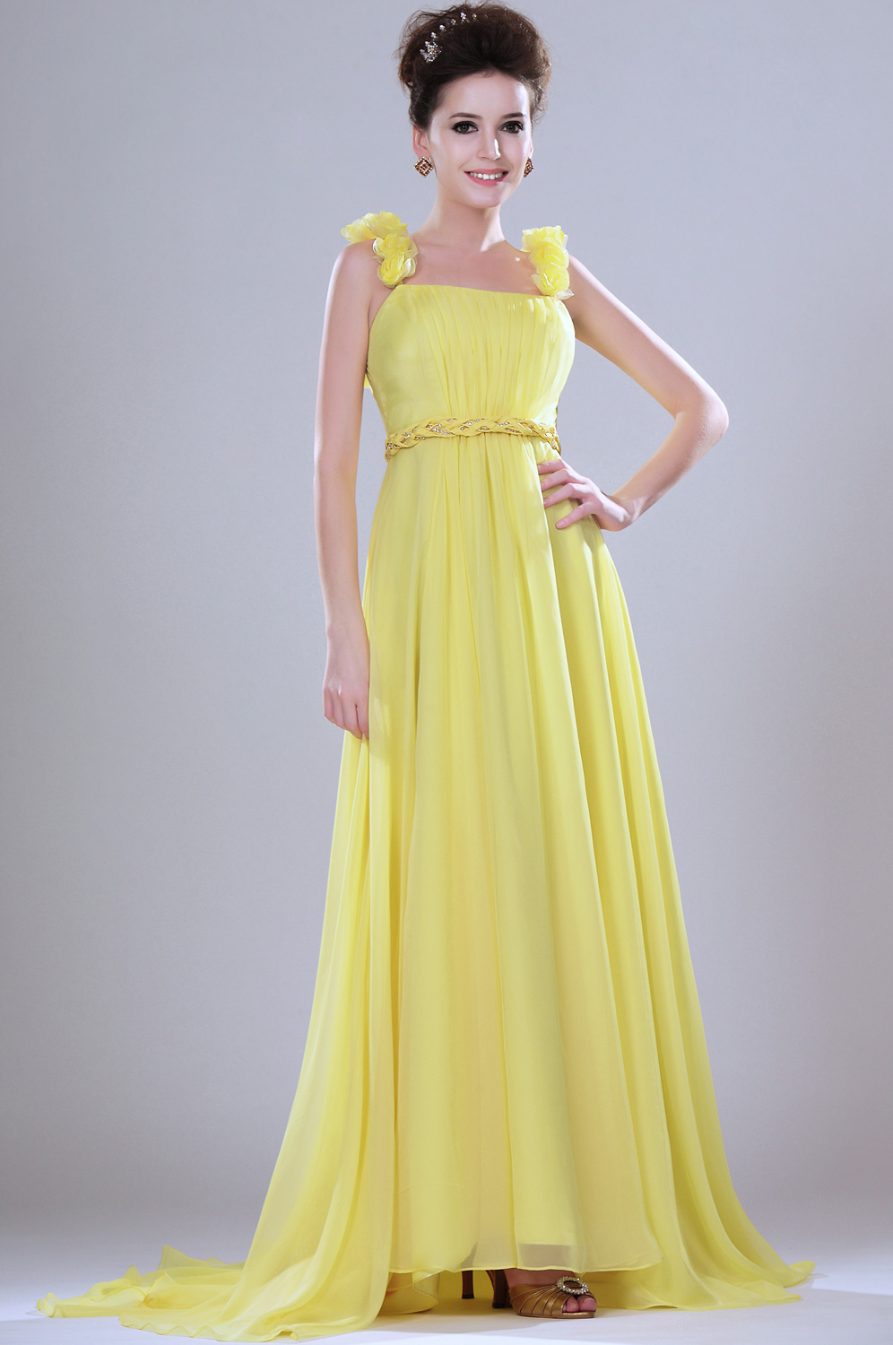 leuchtend einladend  gelb Abendkleid mit Blumen Traeger