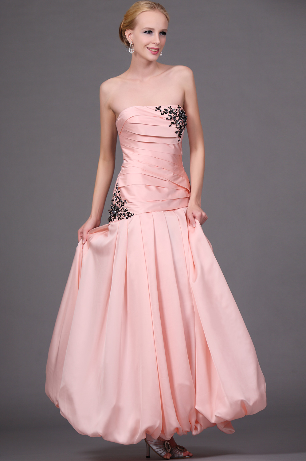 New Pink Strapless Ruched Evening Dress