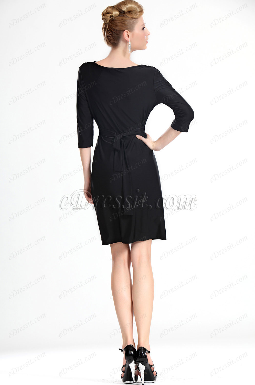 New Charming 3/4 Sleeves Stretchy Black Lady Day Dress
