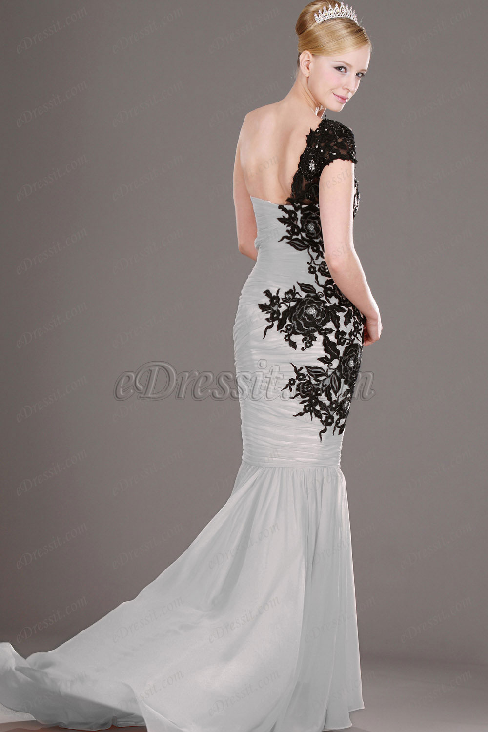 Clearance Sale!  Gray Evening Dress Black Laces--Size UK20