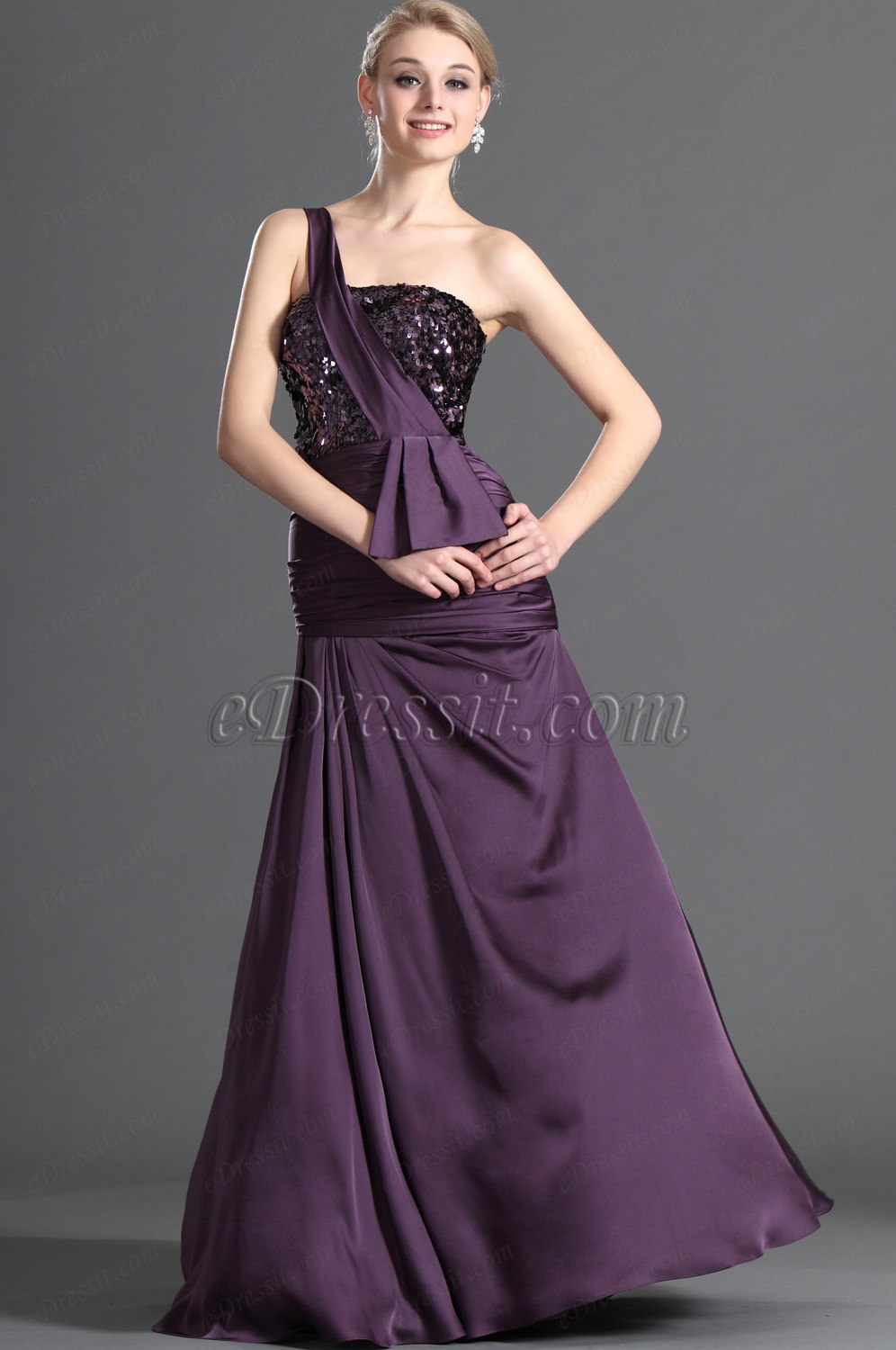 Shiny Purple One Shoulder Evening Dress
