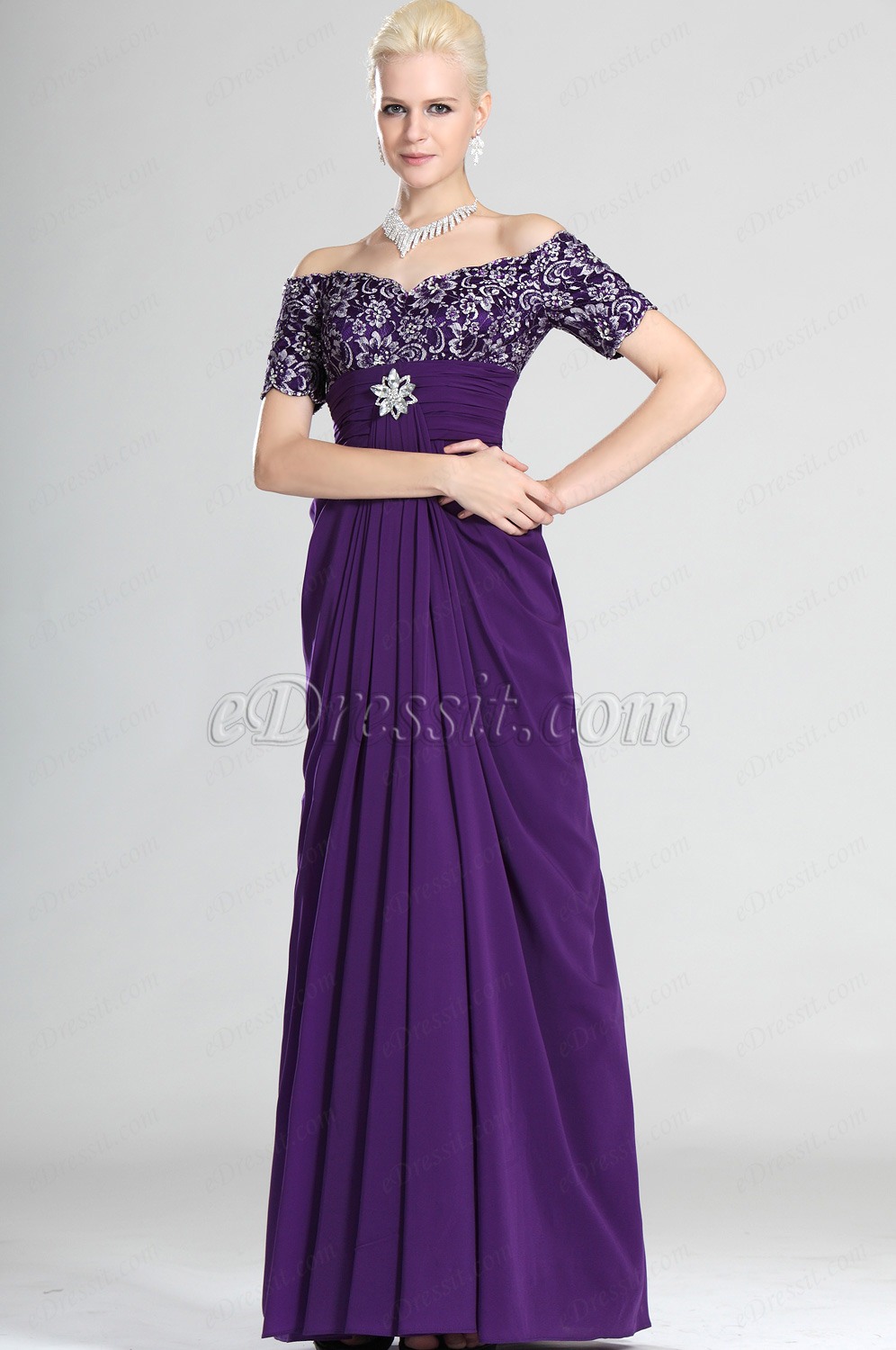 Nuevo Fantastico Violado Hombro Caido Vestido de Ceremonio para Dama