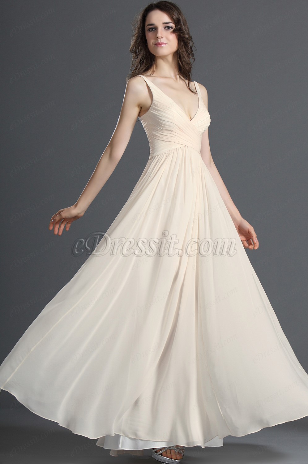 Eleganz V-Ausschnitt Beige Abendkleid Abiball Kleid