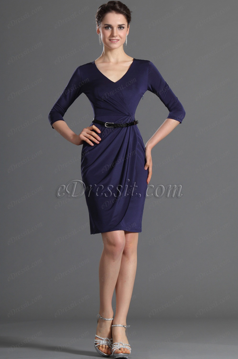 Manches Longues  V-Col Noir Bleu Robe de Cocktail Robe de Journée