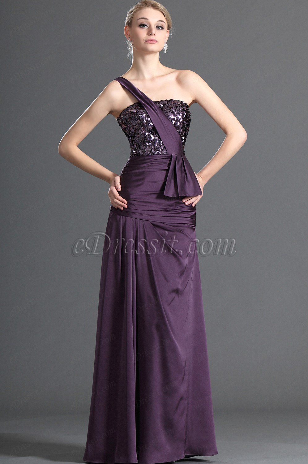Shiny Purple One Shoulder Evening Dress