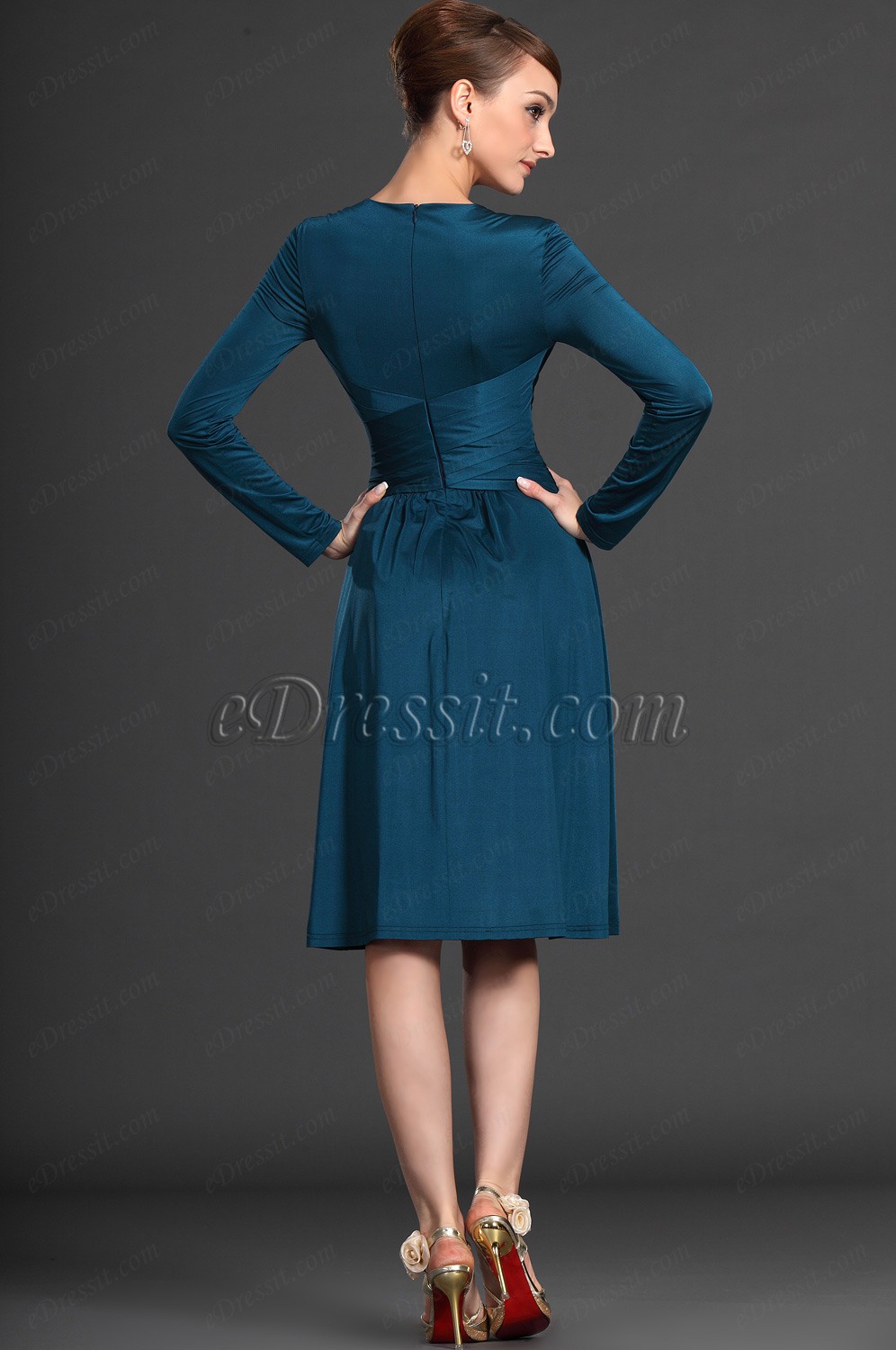 Manches Longues V-Col  Bleu  Robe de Cocktail  Robe de Journée