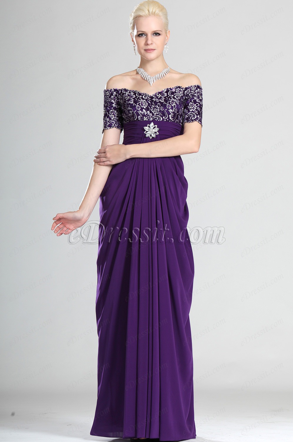 Nuevo Fantastico Violado Hombro Caido Vestido de Ceremonio para Dama
