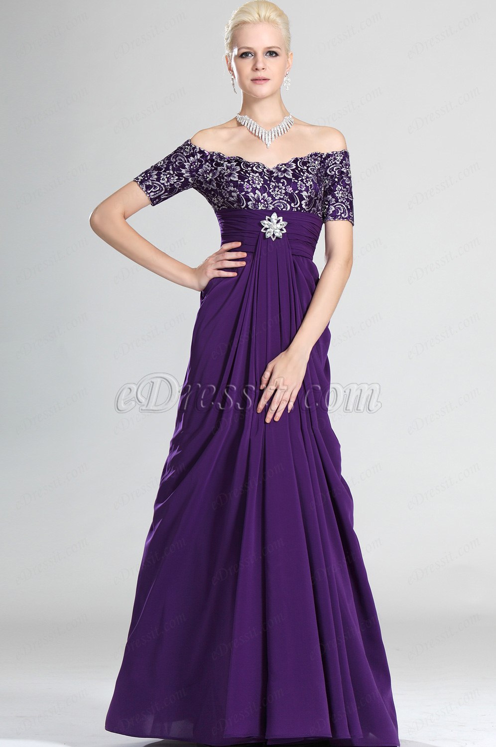 Nuevo Fantastico Violado Hombro Caido Vestido de Ceremonio para Dama