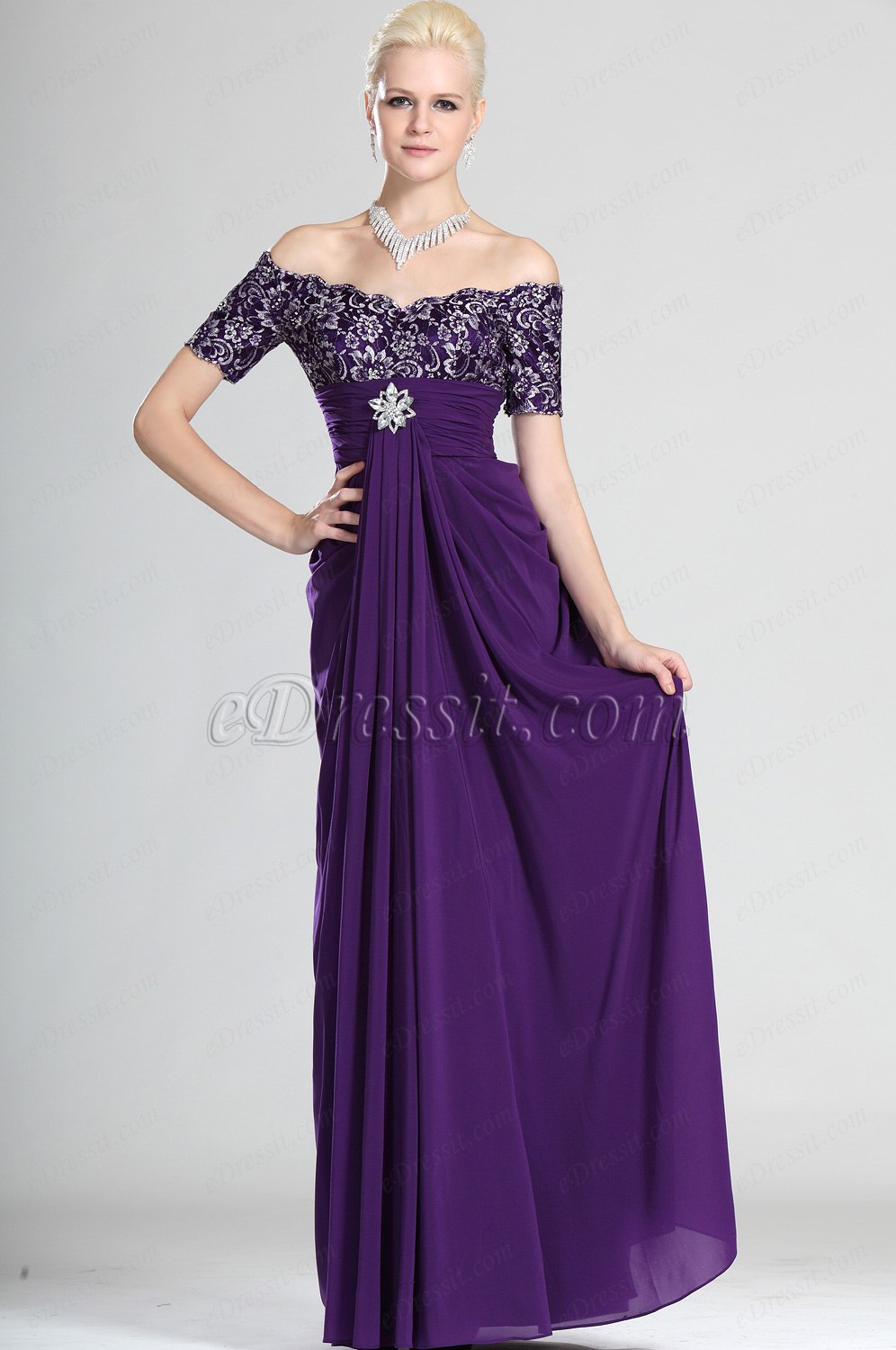Nuevo Fantastico Violado Hombro Caido Vestido de Ceremonio para Dama