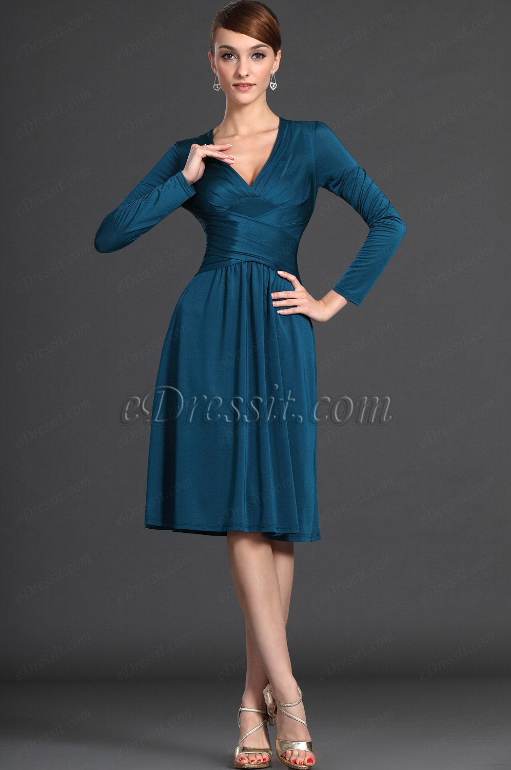 Manches Longues V-Col  Bleu  Robe de Cocktail  Robe de Journée