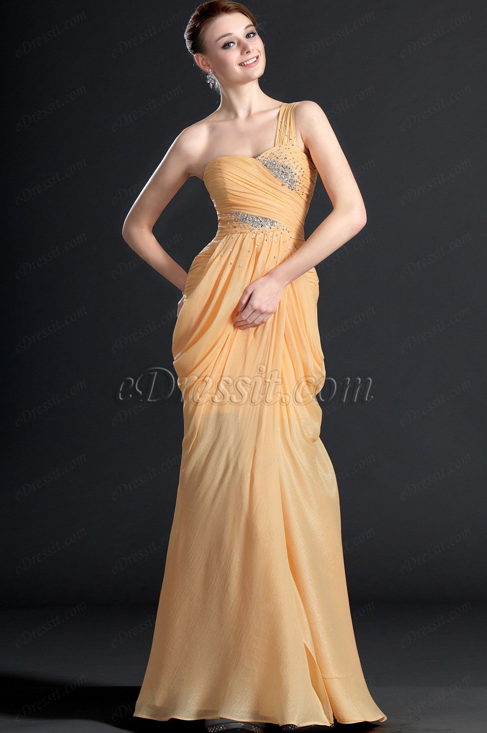One Shoulder Pleated Evening Dress