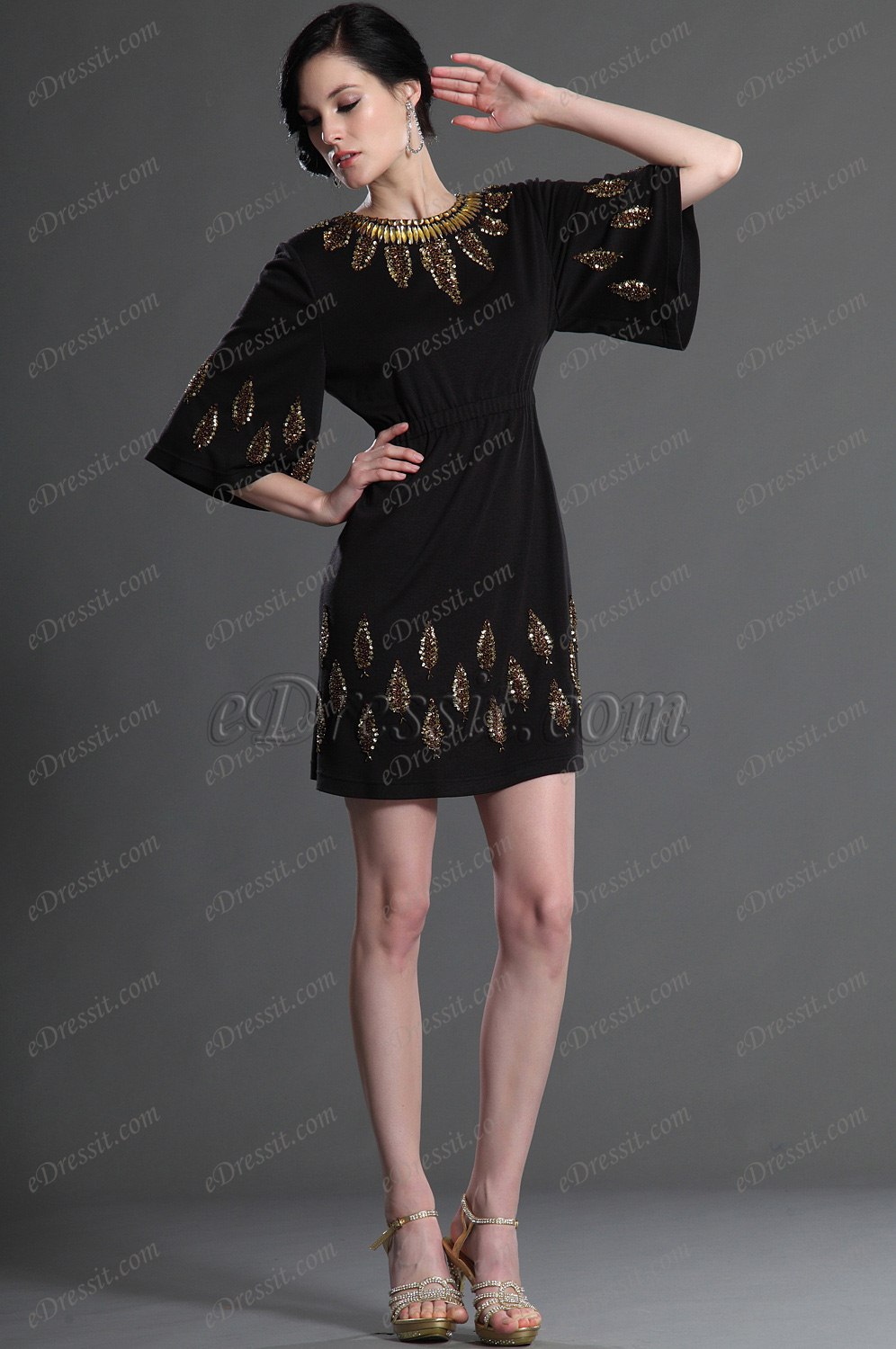 Elegant  Ärmeln Schwarz Party Kleid Arbeitskleid