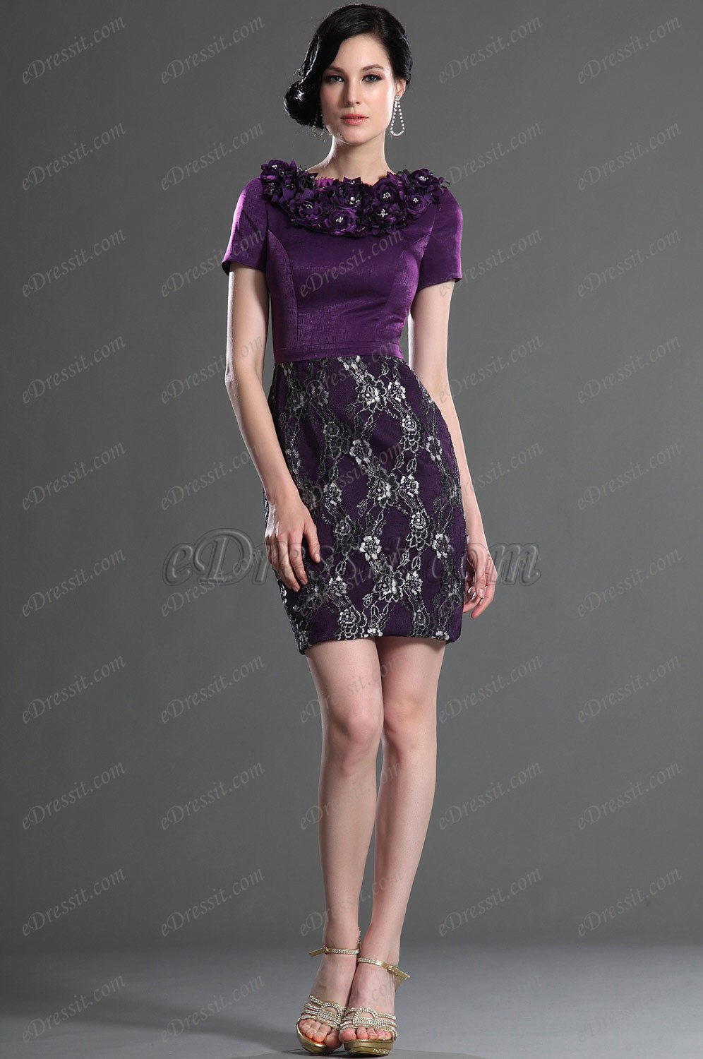 Elegant Short Sleeves Purple Mother of the Bride Dress
