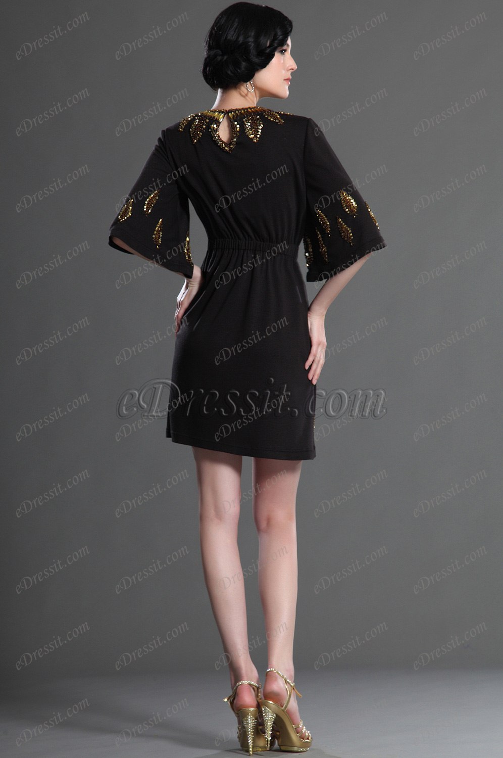 Elegant  Ärmeln Schwarz Party Kleid Arbeitskleid