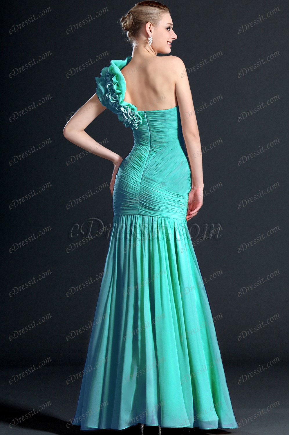 Clearance Sale ! Fabulous One Shoulder Fully Ruched Bodice Evening Dress
