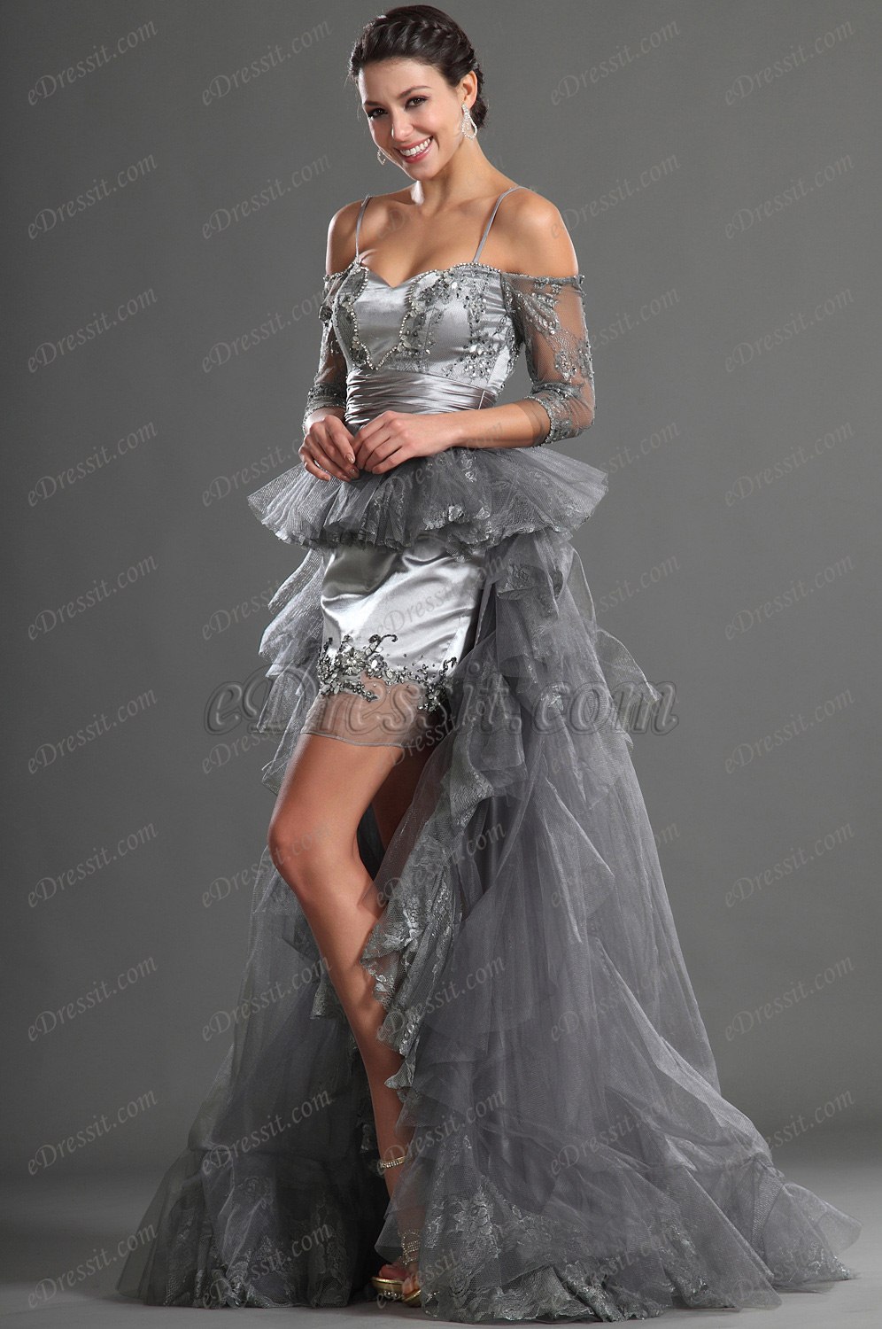 Großartig Grau Spaghetti Träger Abendkleid