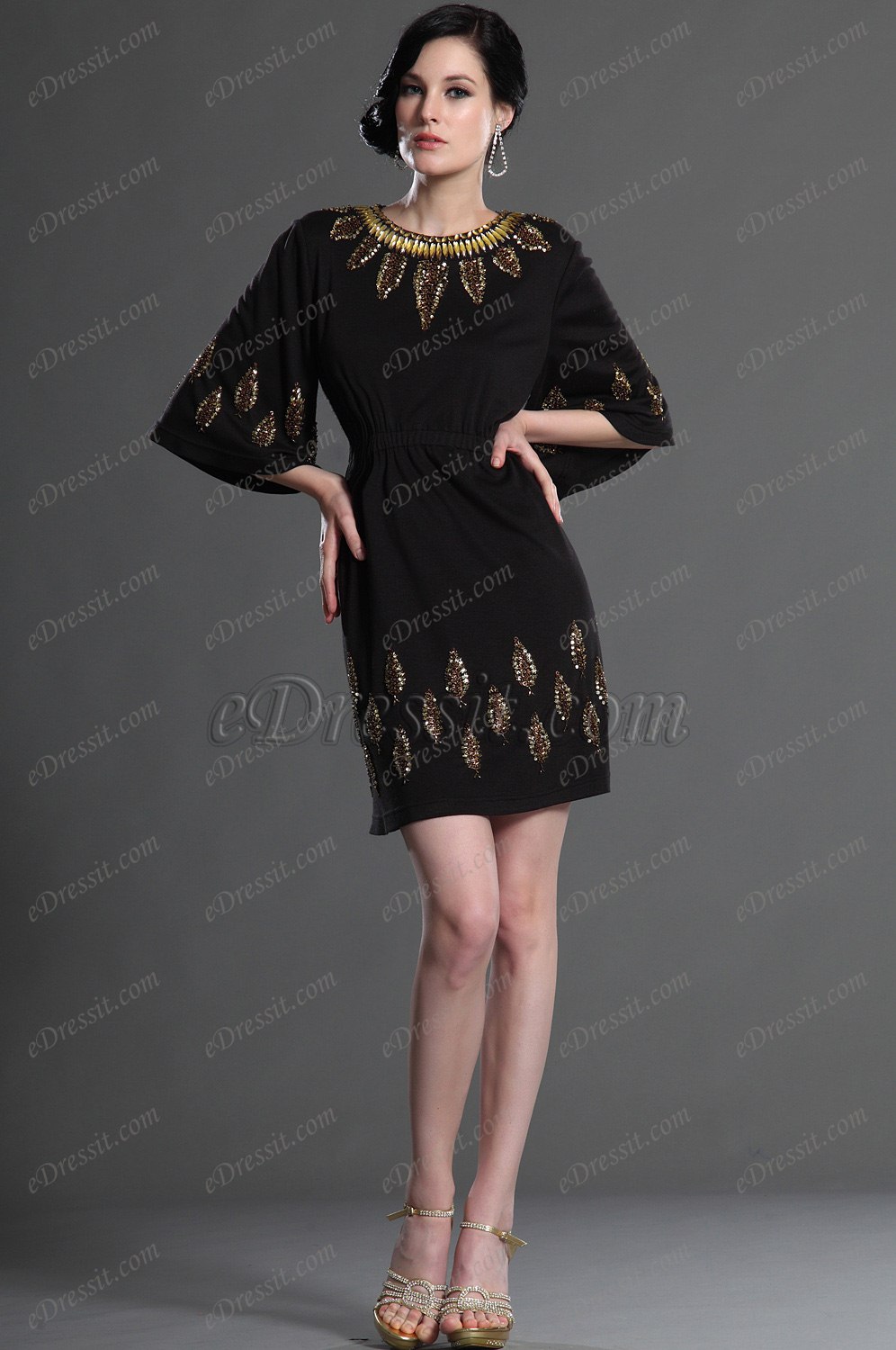 Elegant  Ärmeln Schwarz Party Kleid Arbeitskleid